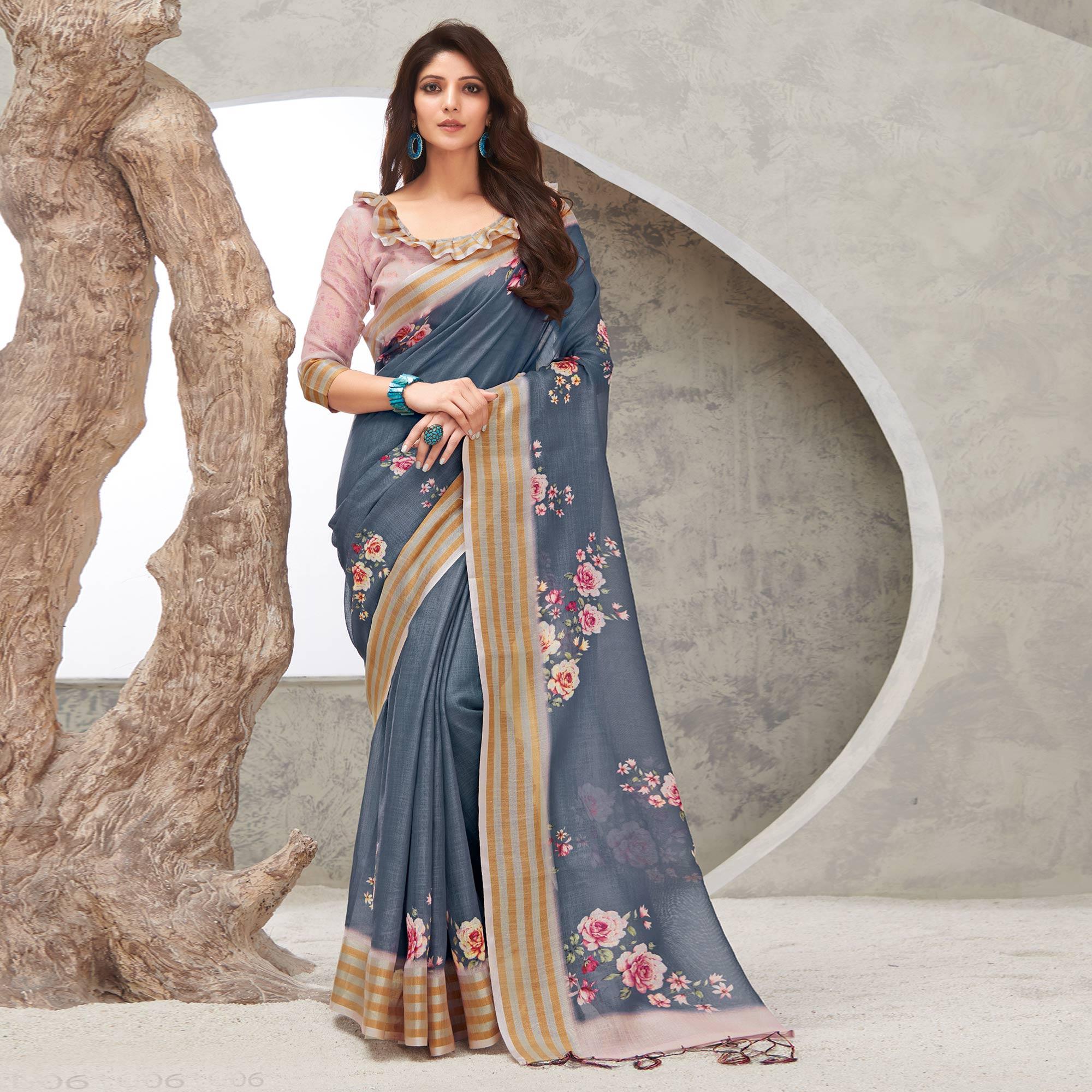 Grey Casual Wear Digital Printed Pure Linen Saree - Peachmode