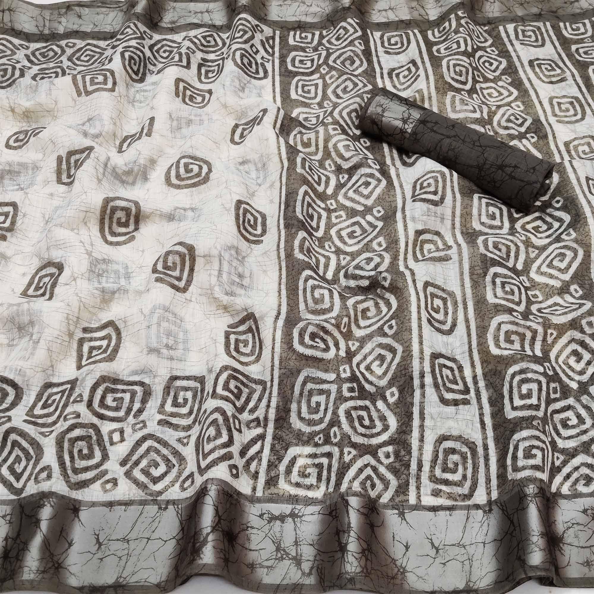 Grey Casual Wear Digital Printed Pure Linen Saree - Peachmode