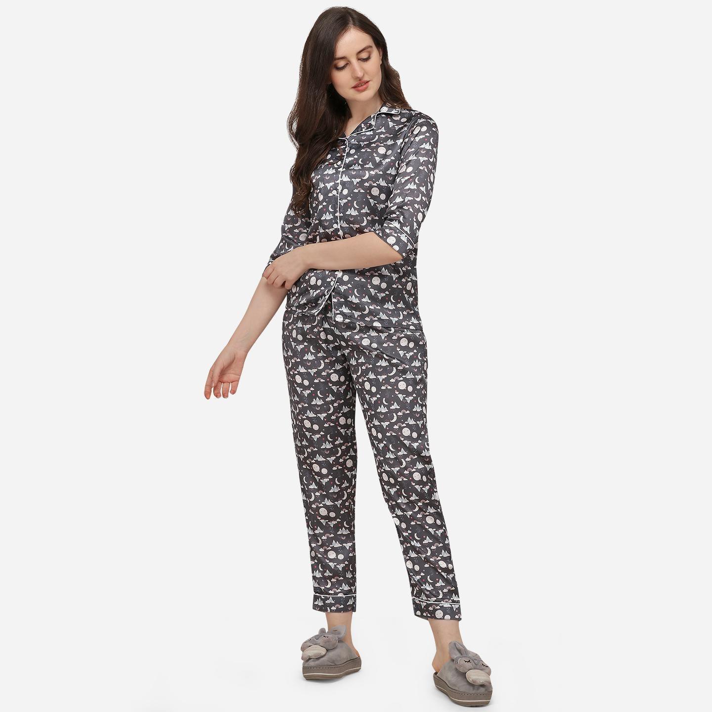 Grey Casual Wear Digital Printed Satin Night Suit - Peachmode