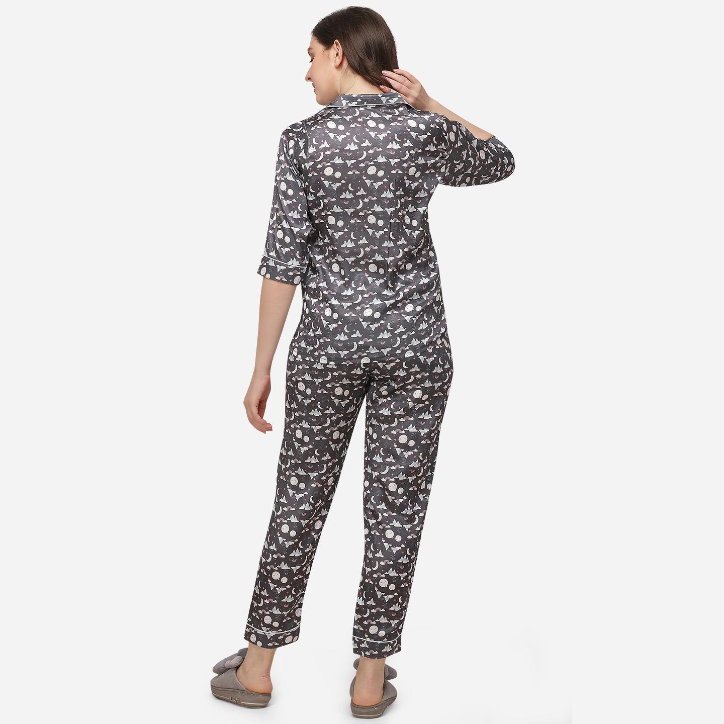 Grey Casual Wear Digital Printed Satin Night Suit - Peachmode