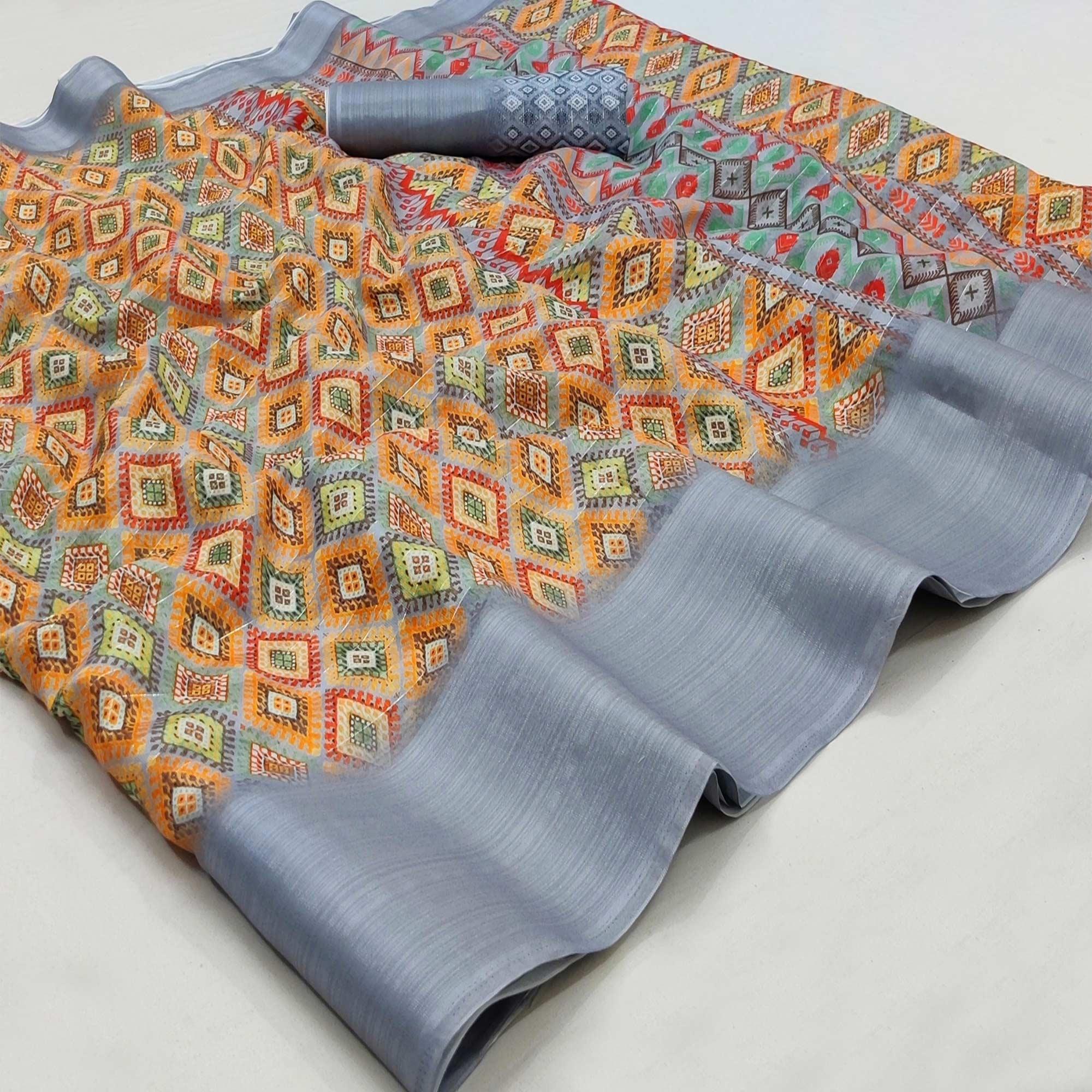 Grey Casual Wear Digital Printed Silk Saree With jacquard Border - Peachmode
