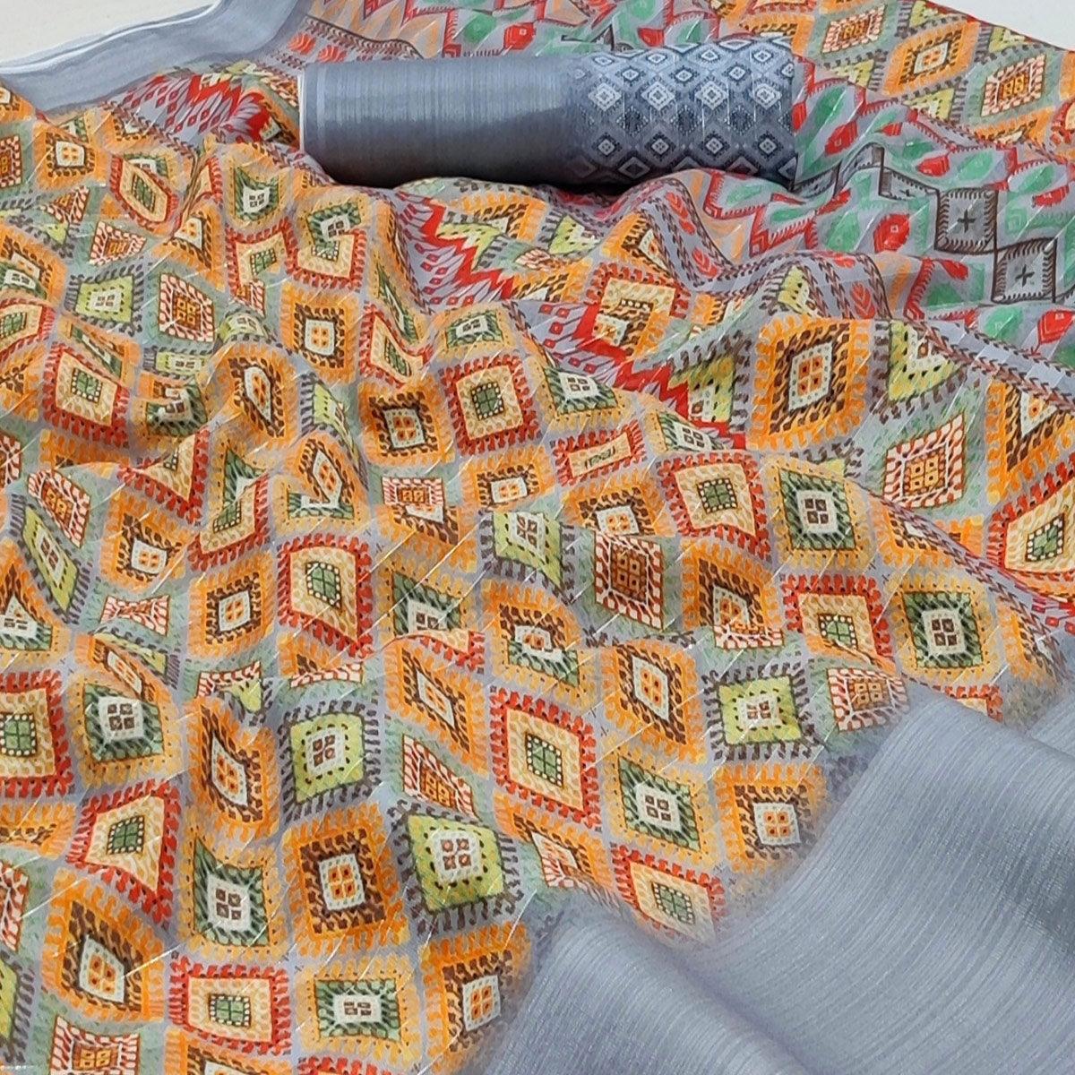 Grey Casual Wear Digital Printed Silk Saree With jacquard Border - Peachmode
