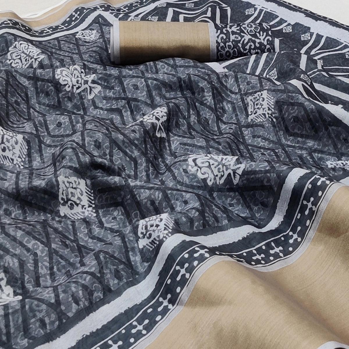 Grey Casual Wear Digital Printed Silk Saree With Zari Jacquard Border - Peachmode