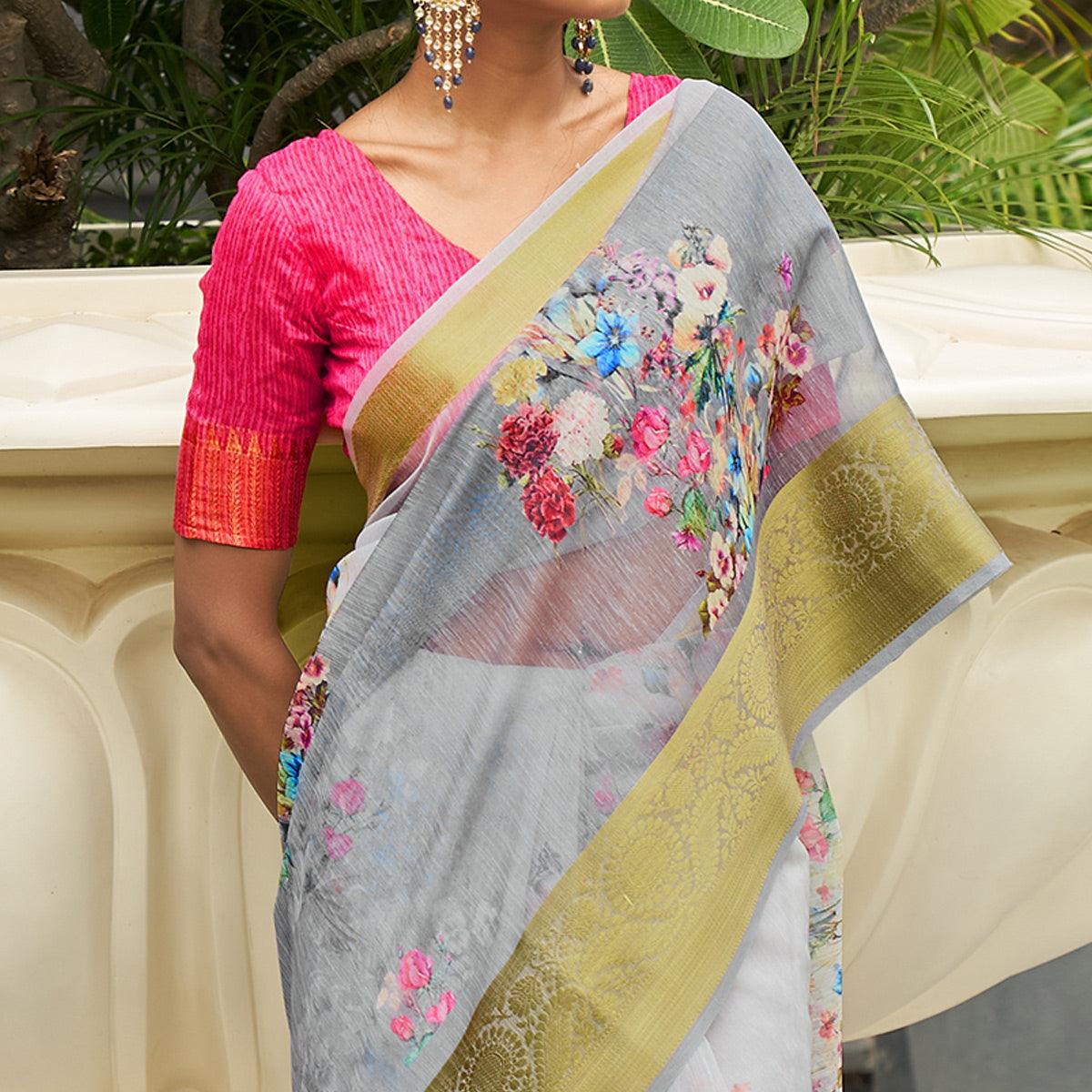Grey Casual Wear Digital Printed Soft Organza Saree - Peachmode