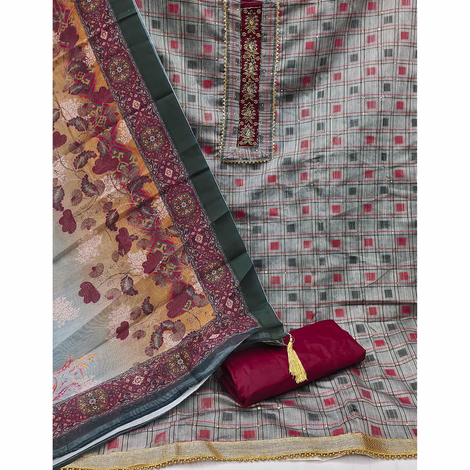 Grey Casual Wear Embellished With Checks Chanderi Dress Material - Peachmode