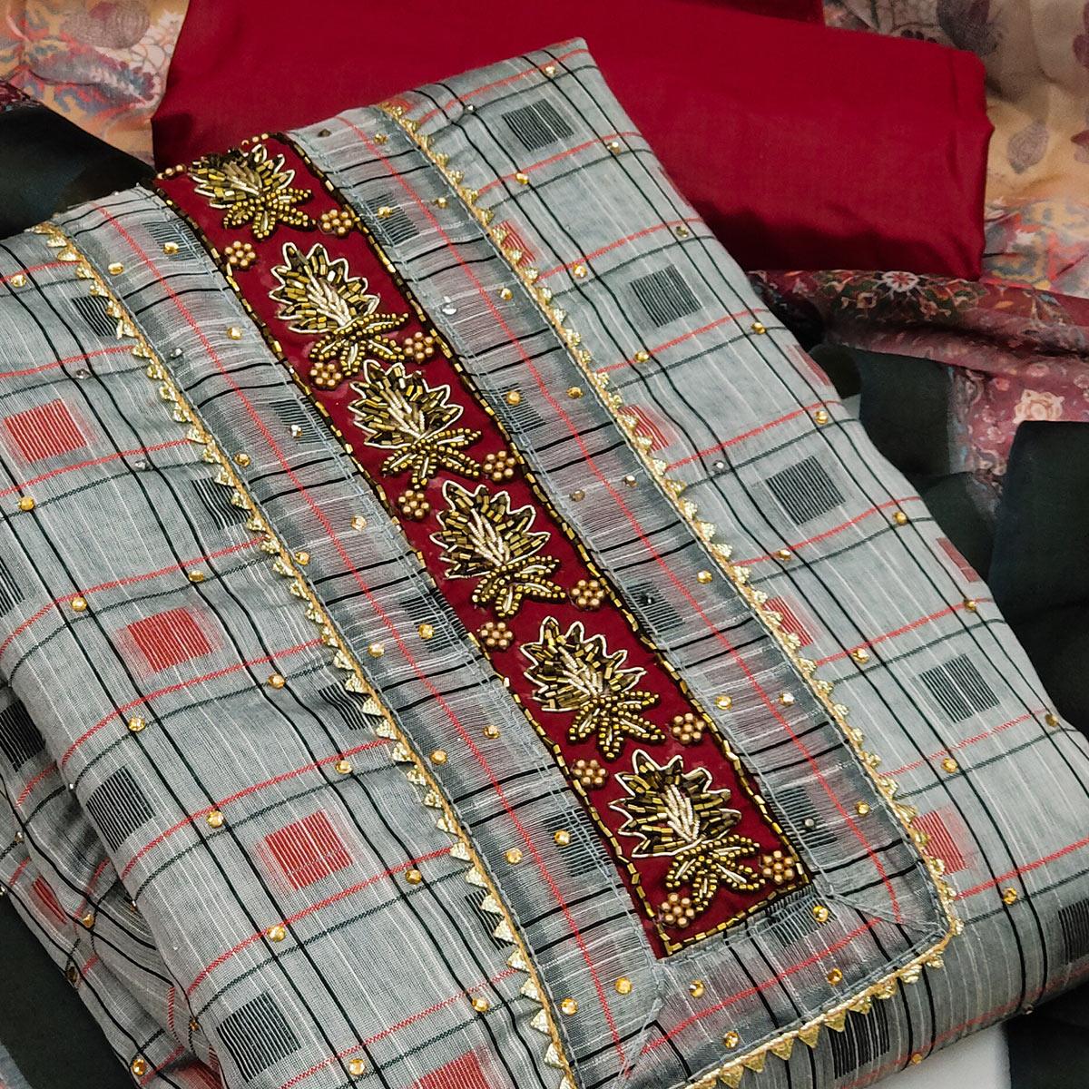 Grey Casual Wear Embellished With Checks Chanderi Dress Material - Peachmode