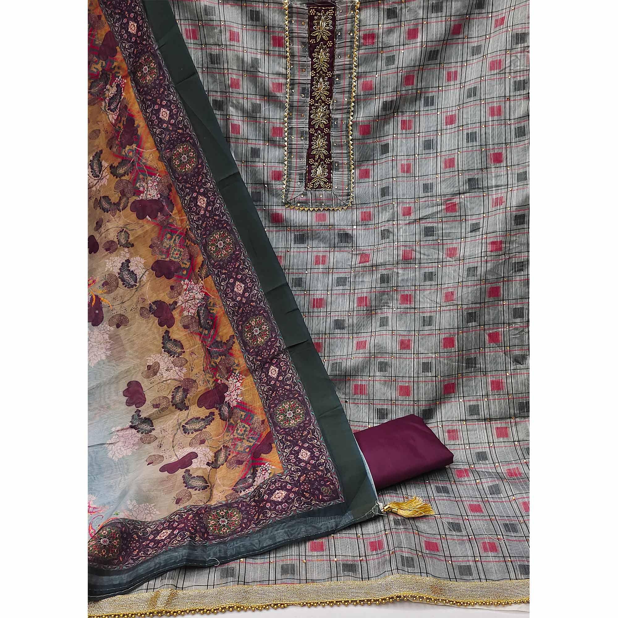 Grey Casual Wear Embellished With Checks Chanderi Dress Material - Peachmode