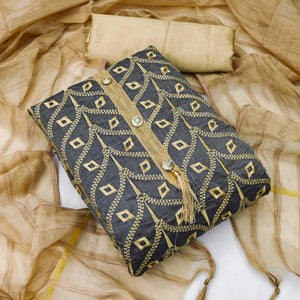 Grey Casual Wear Embroidered Chanderi Dress Material - Peachmode