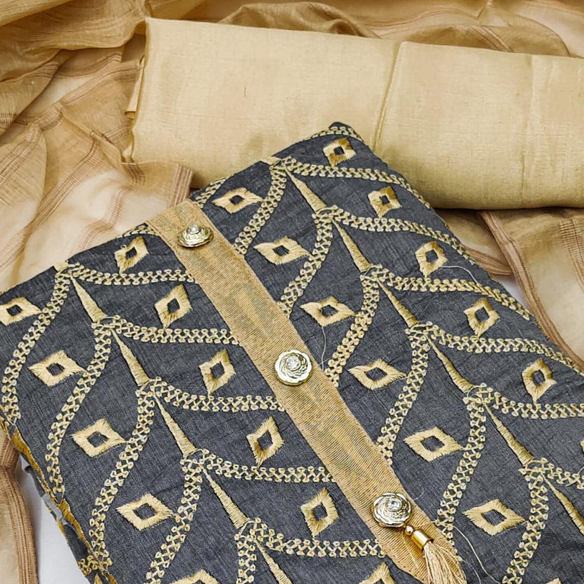 Grey Casual Wear Embroidered Chanderi Dress Material - Peachmode