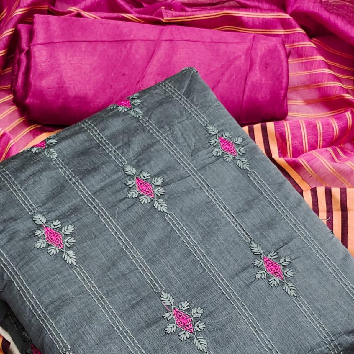 Grey Casual Wear Embroidered Chanderi Dress Material - Peachmode