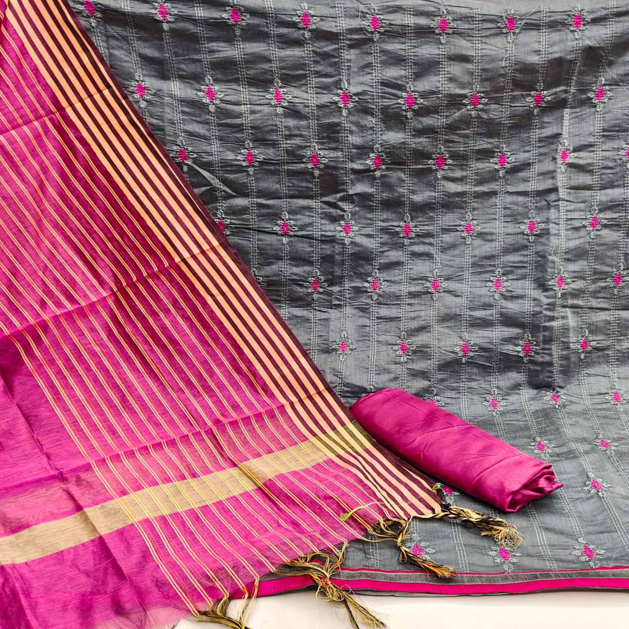 Grey Casual Wear Embroidered Chanderi Dress Material - Peachmode