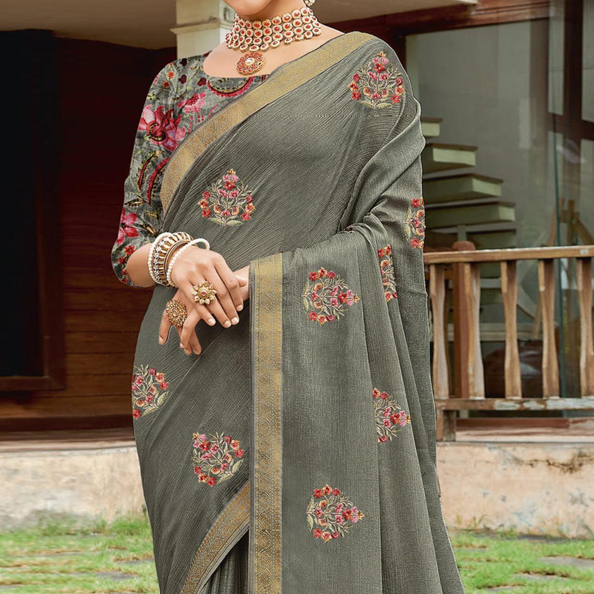 Grey Casual Wear Embroidered Chiffon Saree - Peachmode