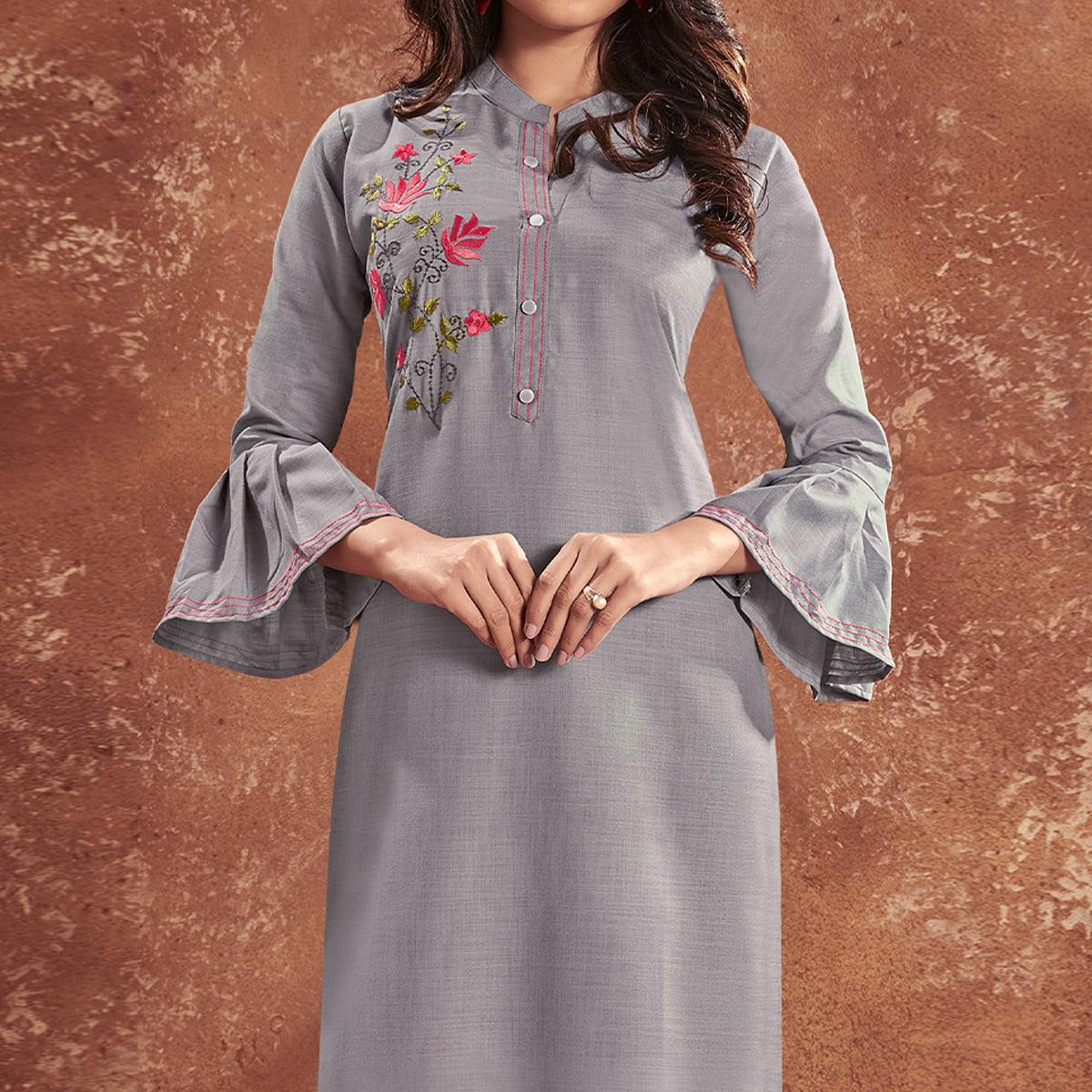 Grey Casual Wear Embroidered Cotton Kurti - Peachmode