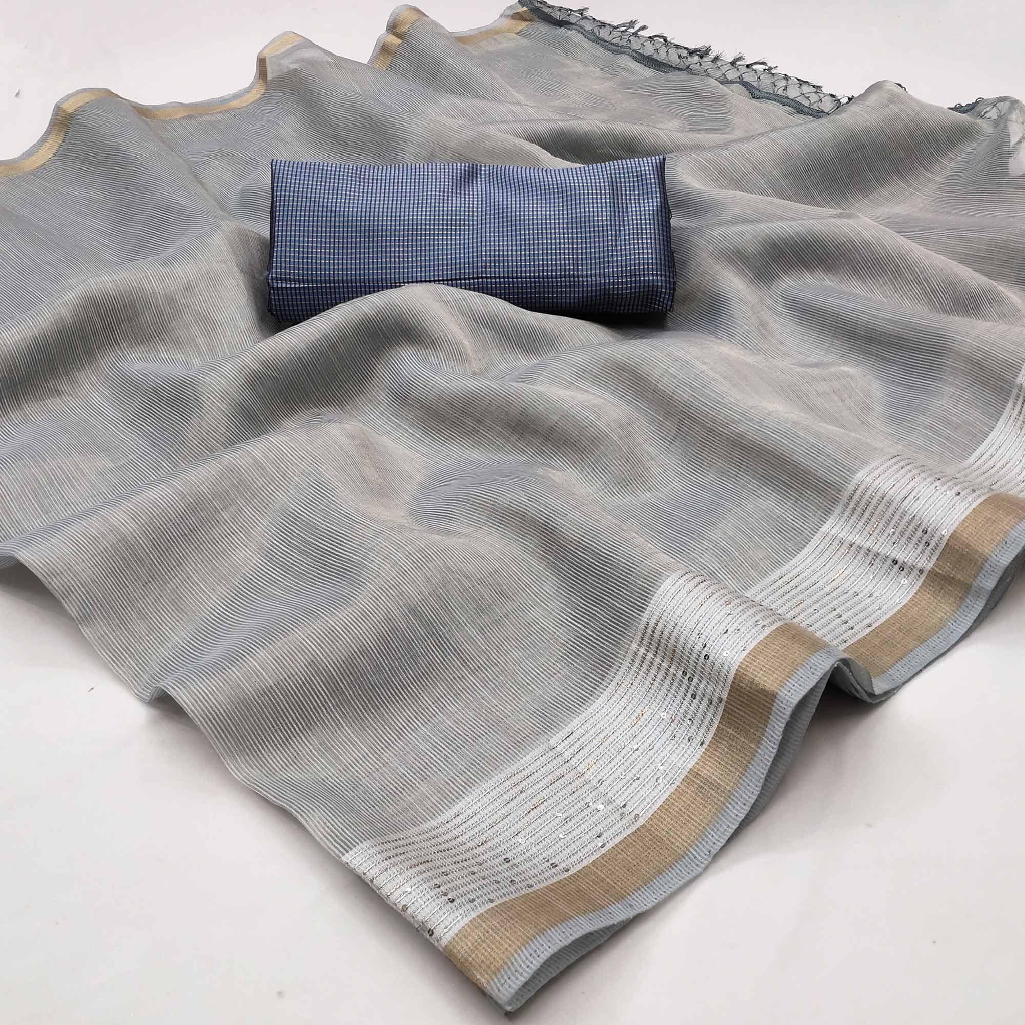 Grey Casual Wear Embroidered Cotton Saree With Tassels - Peachmode