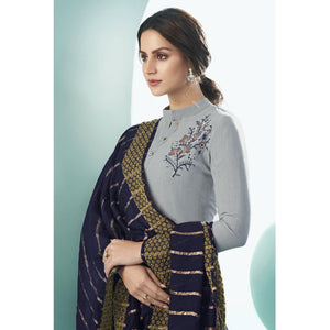 Grey Casual Wear Embroidered Cotton Suit - Peachmode