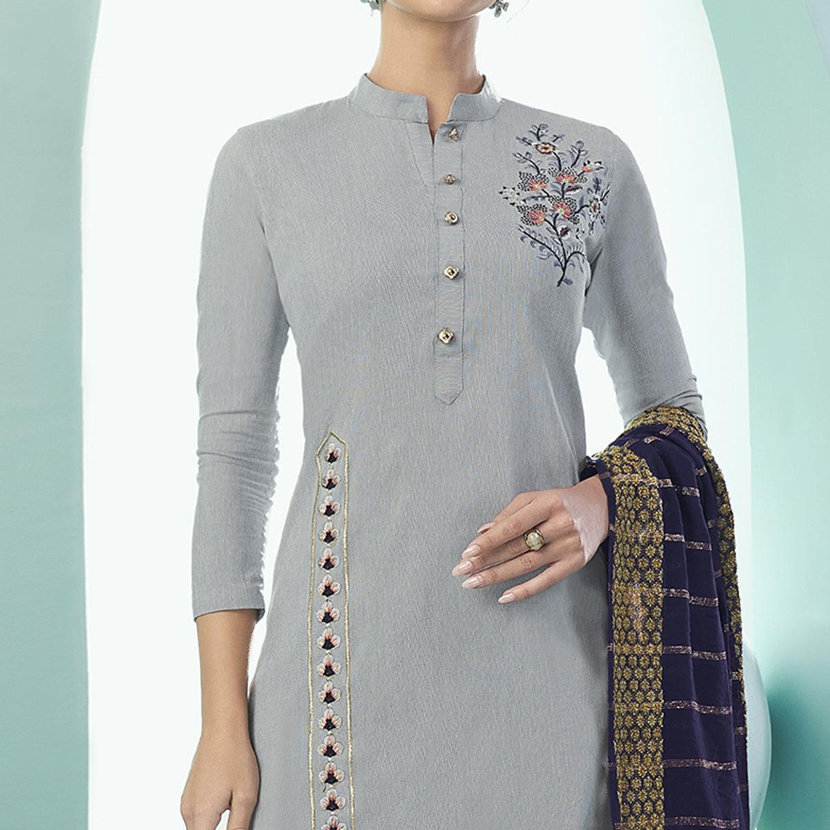Grey Casual Wear Embroidered Cotton Suit - Peachmode