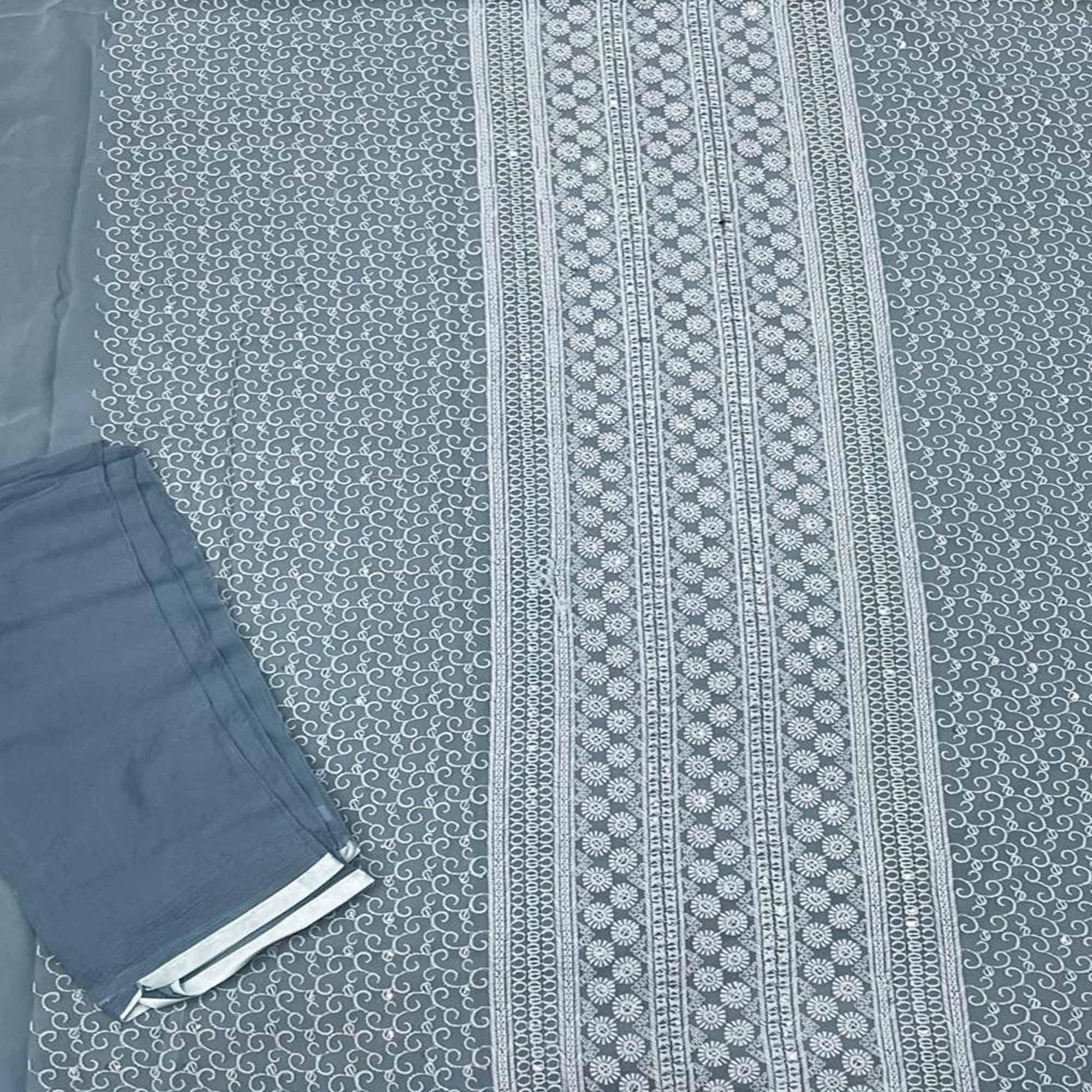 Grey Casual Wear Embroidered Georgette Dress Material - Peachmode