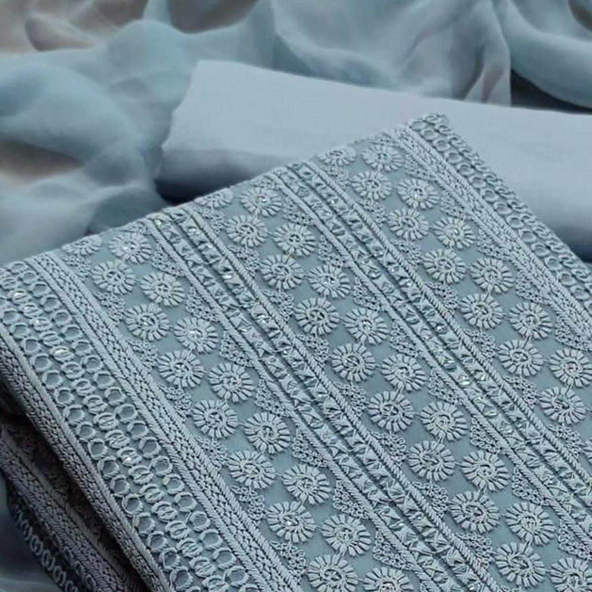 Grey Casual Wear Embroidered Georgette Dress Material - Peachmode