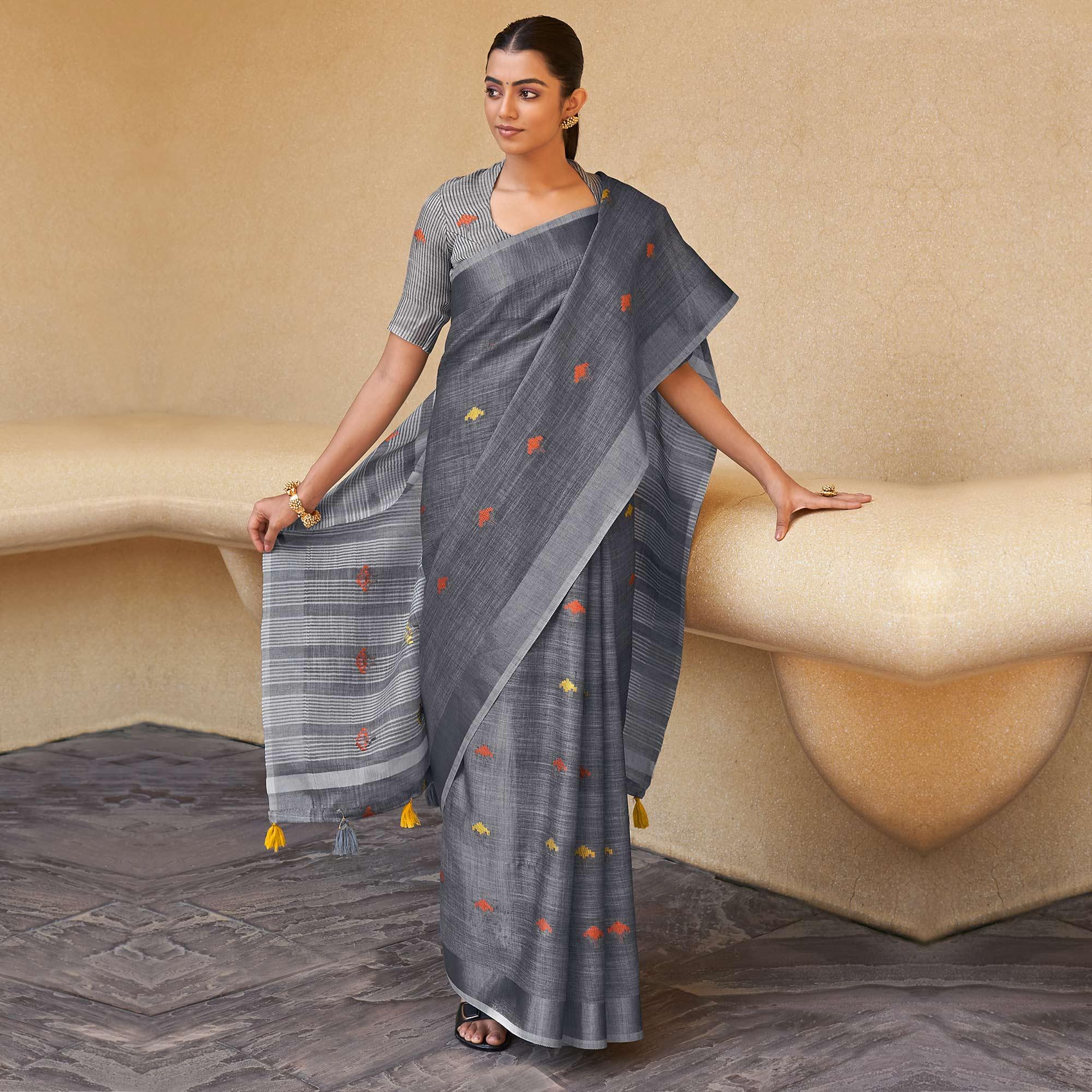Grey Casual Wear Embroidered Linen Saree - Peachmode