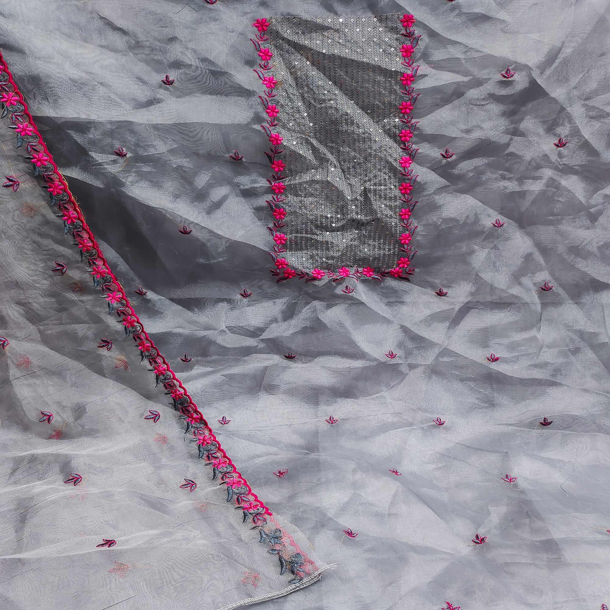 Grey Casual Wear Embroidered Organza Dress Material - Peachmode