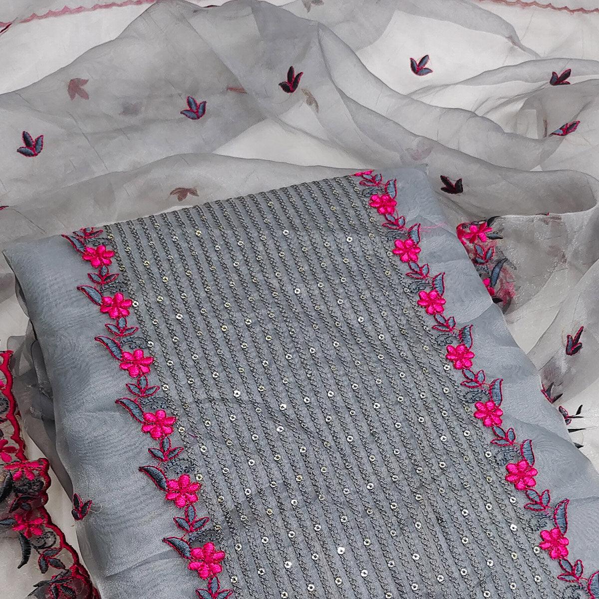 Grey Casual Wear Embroidered Organza Dress Material - Peachmode