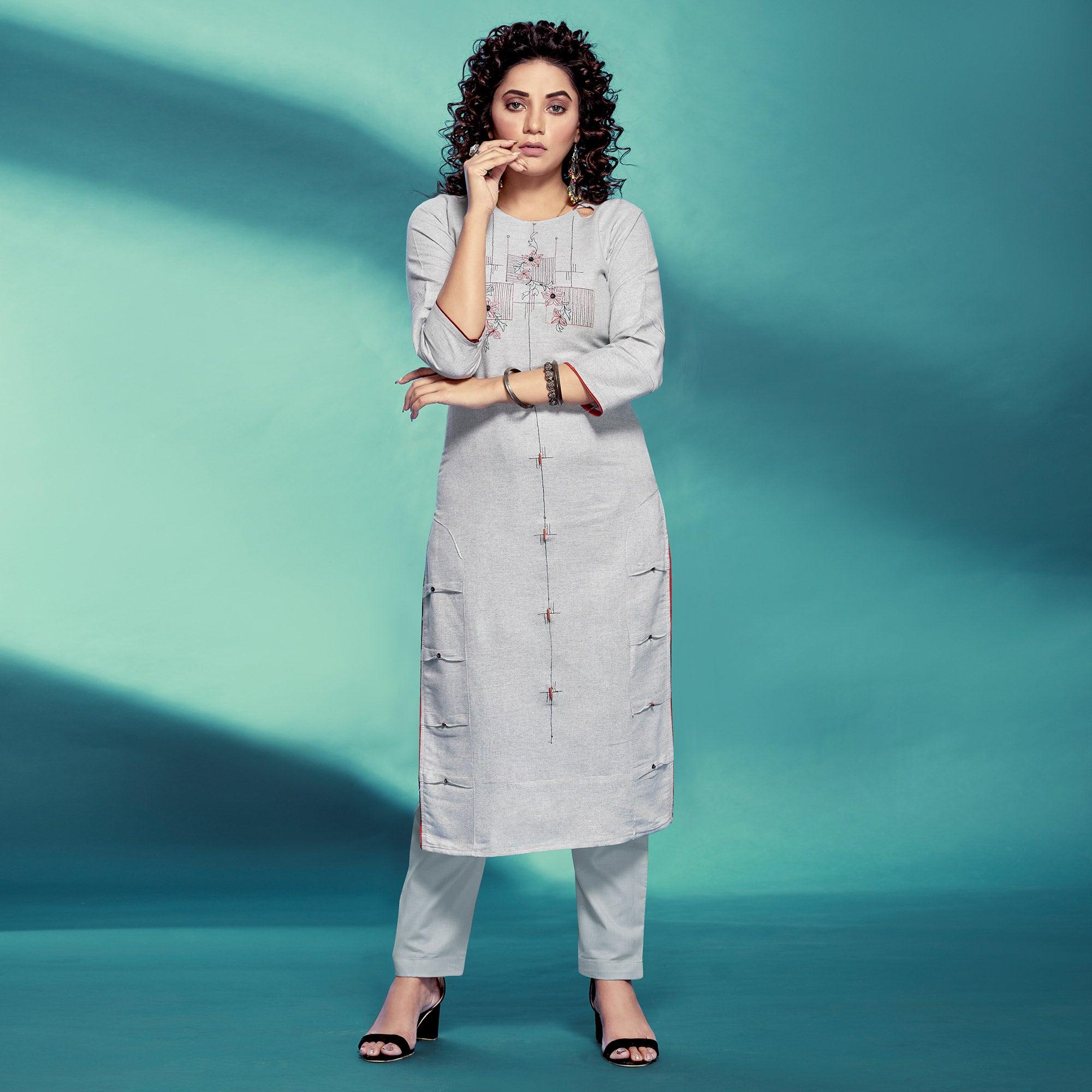 Grey Casual Wear Embroidered Pure Cotton Kurti - Peachmode