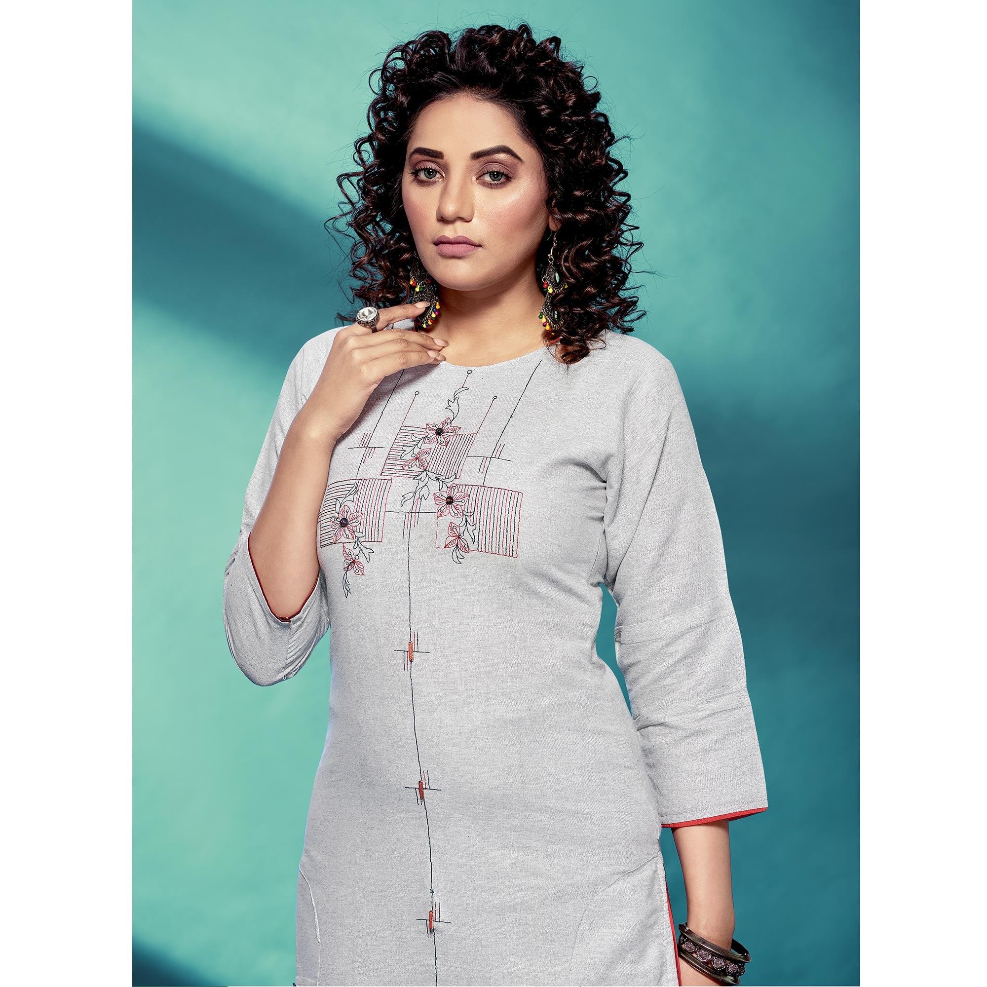 Grey Casual Wear Embroidered Pure Cotton Kurti - Peachmode