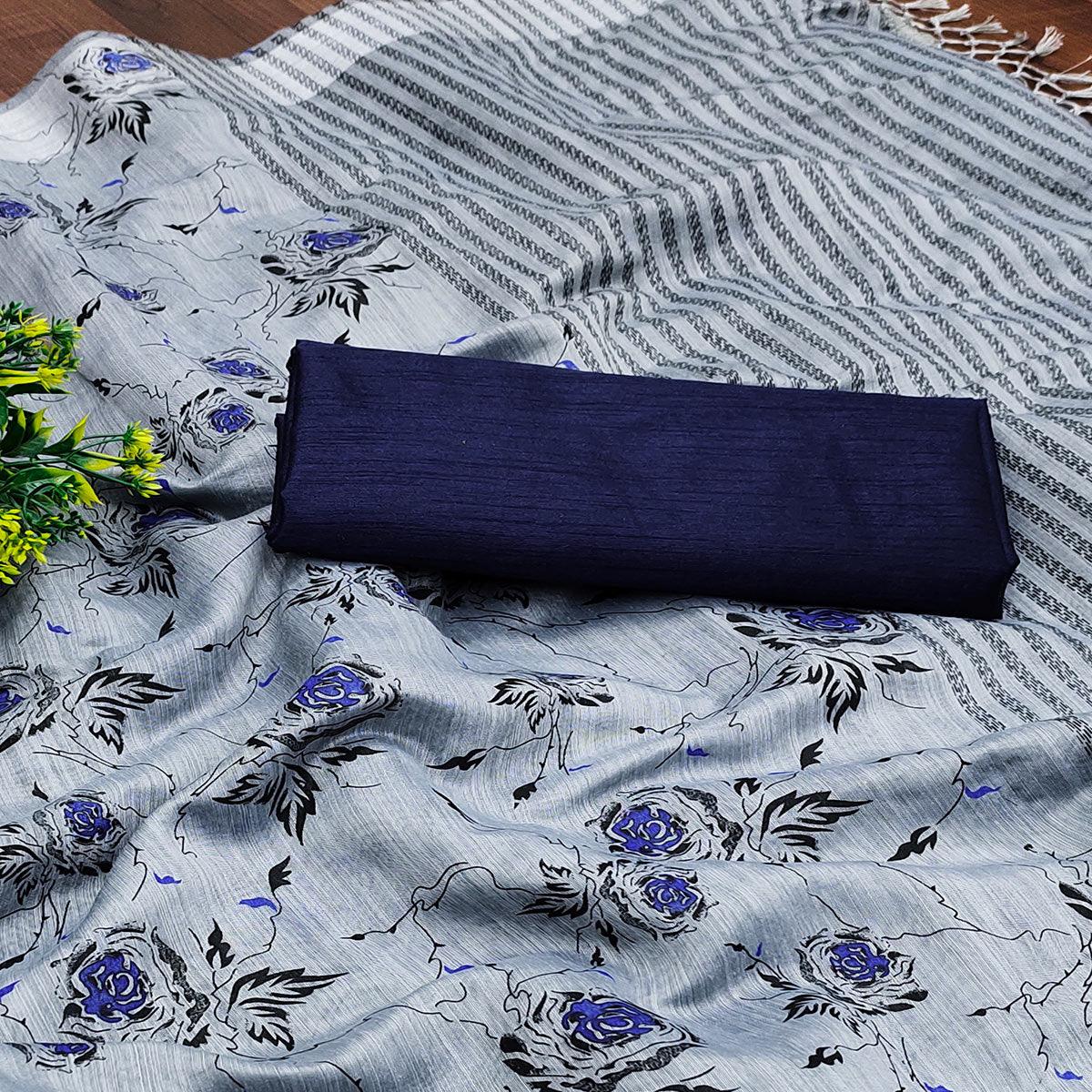 Grey Casual Wear Floral Block Printed Cotton Blend Saree - Peachmode