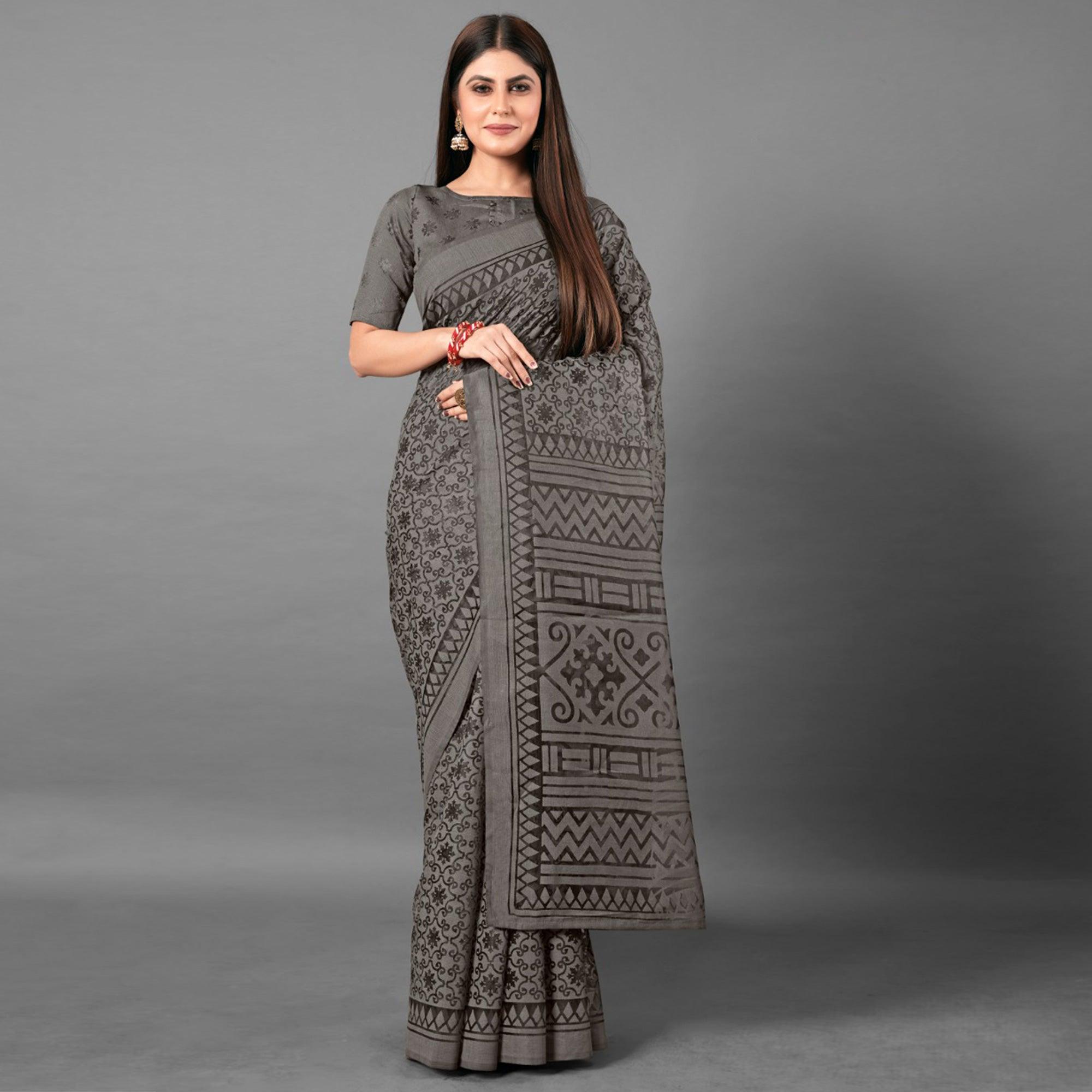 Grey Casual Wear Floral Brasso Saree - Peachmode