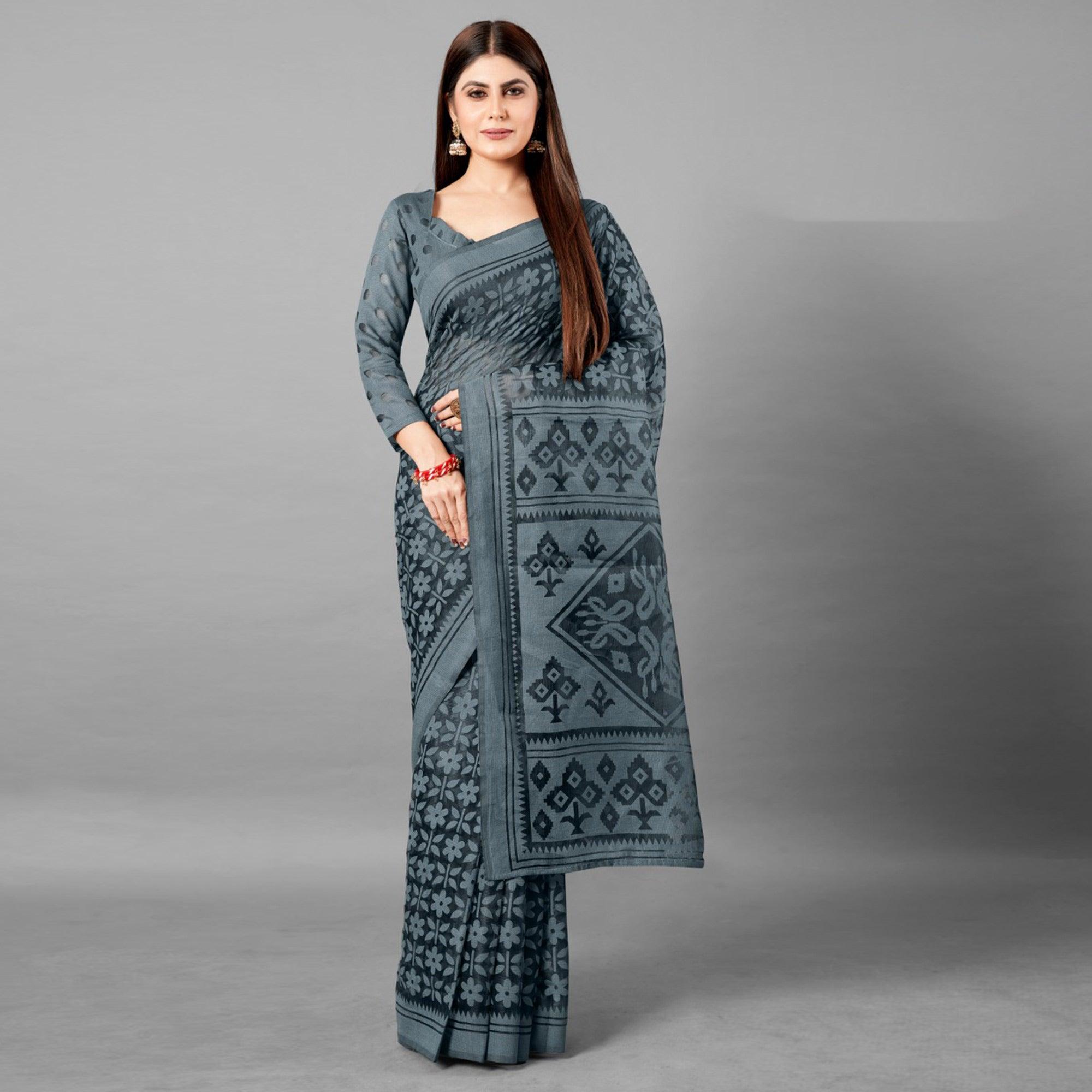 Grey Casual Wear Floral Brasso Saree - Peachmode