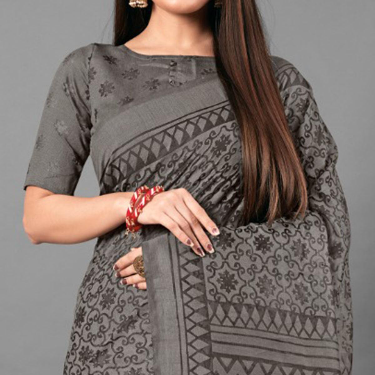 Grey Casual Wear Floral Brasso Saree - Peachmode