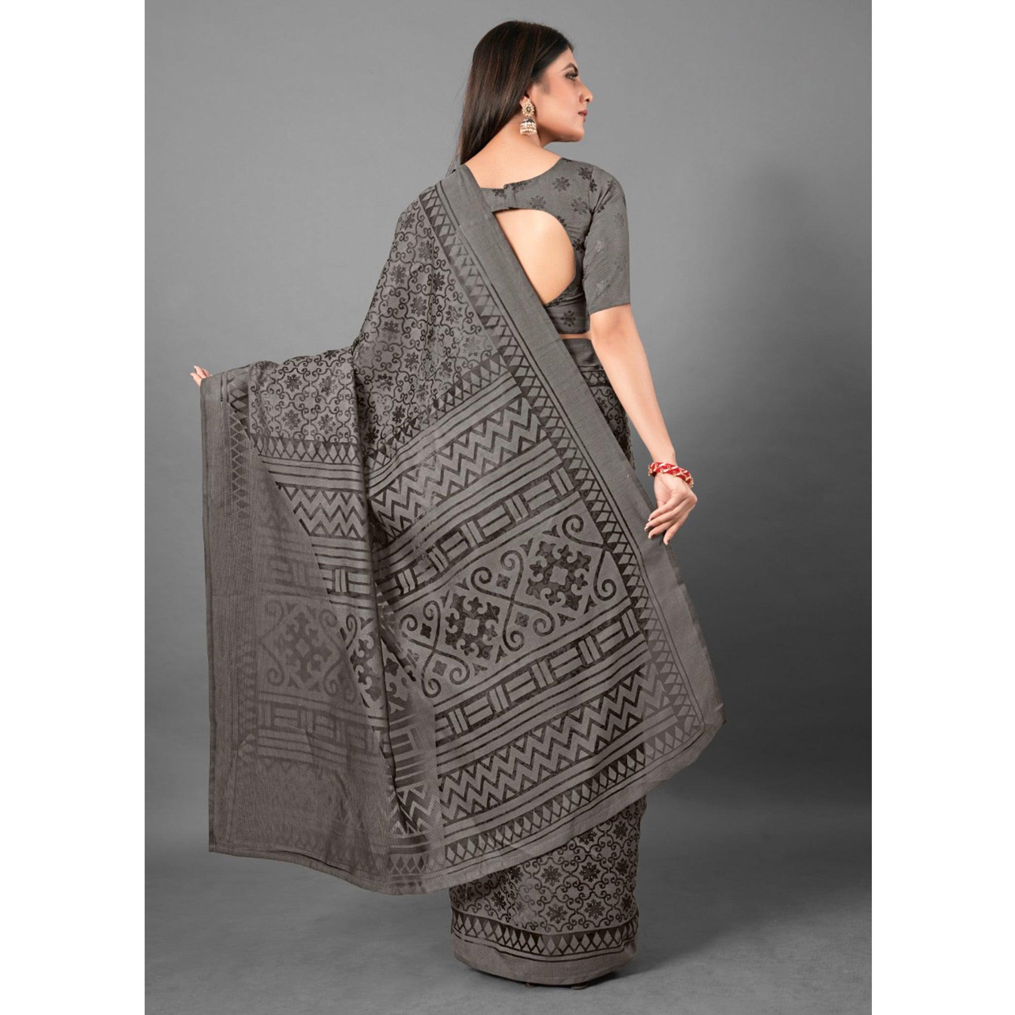 Grey Casual Wear Floral Brasso Saree - Peachmode