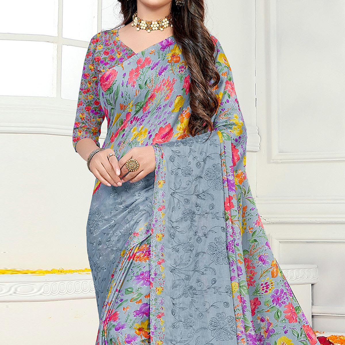 Grey Casual Wear Floral Digital Printed Chiffon Saree - Peachmode