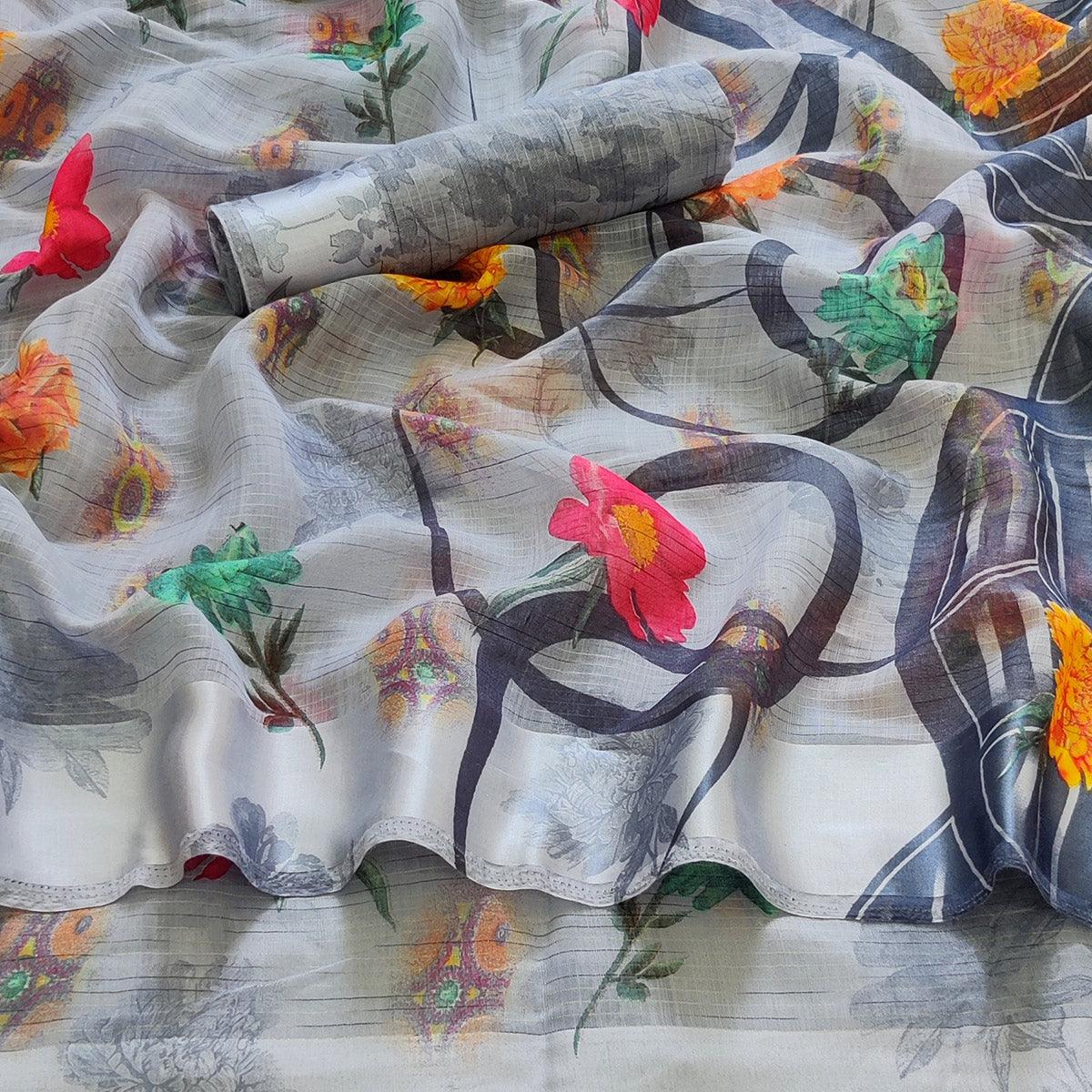 Grey Casual Wear Floral Digital Printed linen Saree - Peachmode