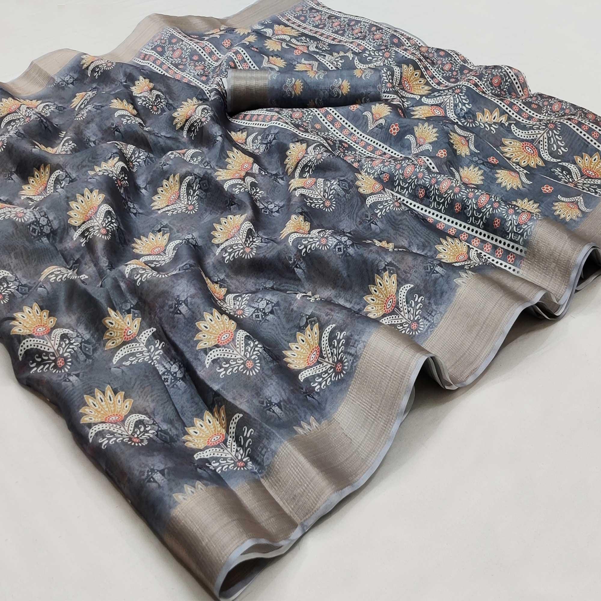 Grey Casual Wear Floral Digital Printed Silk Saree With Jacquard Border - Peachmode