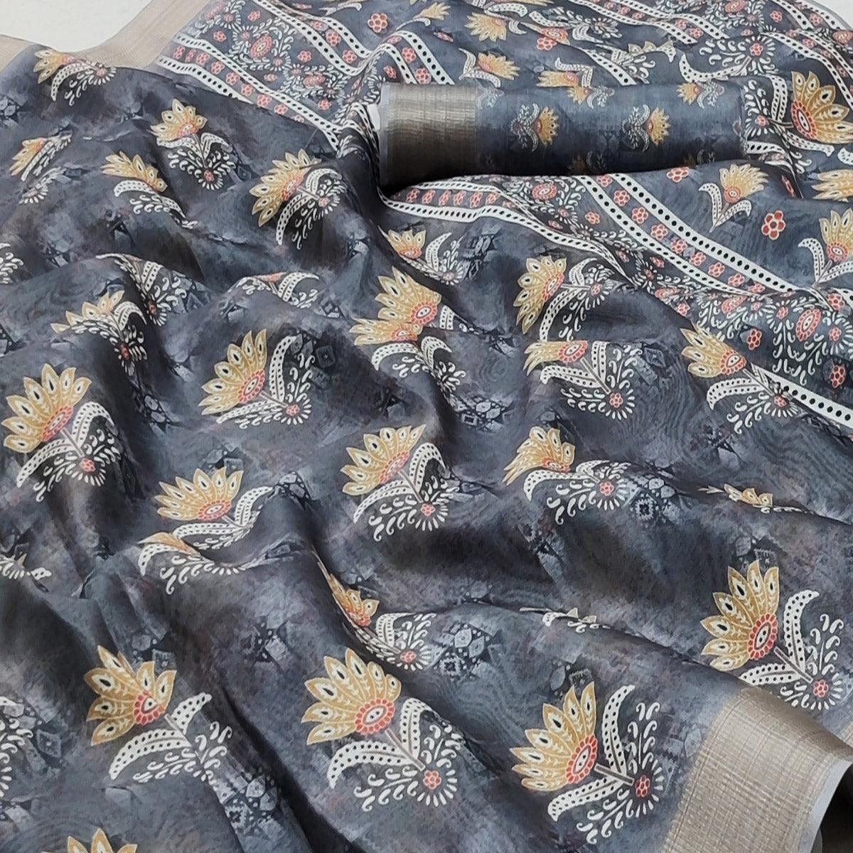 Grey Casual Wear Floral Digital Printed Silk Saree With Jacquard Border - Peachmode