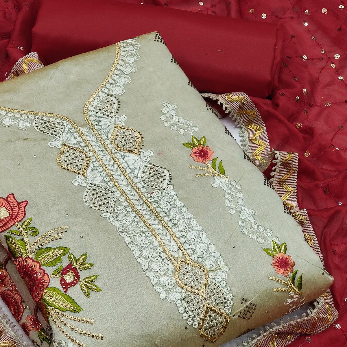 Grey Casual Wear Floral Embroidered Chanderi Dress Material - Peachmode