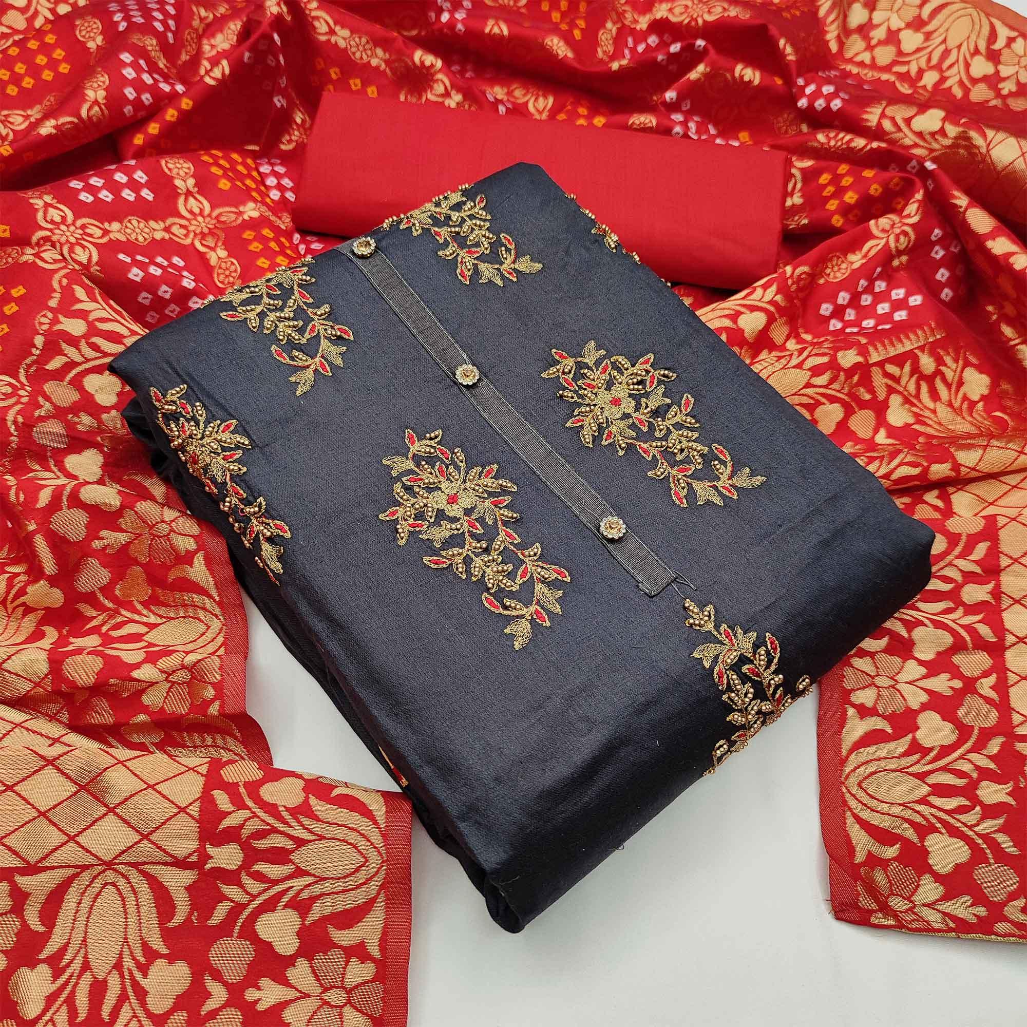Grey Casual Wear Floral Embroidered Cotton Dress Material - Peachmode