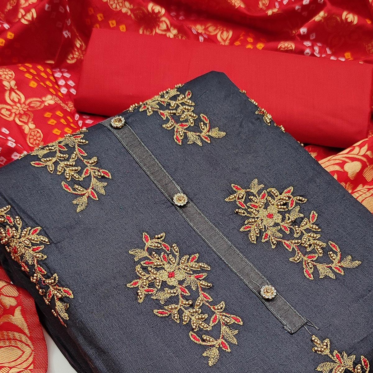 Grey Casual Wear Floral Embroidered Cotton Dress Material - Peachmode