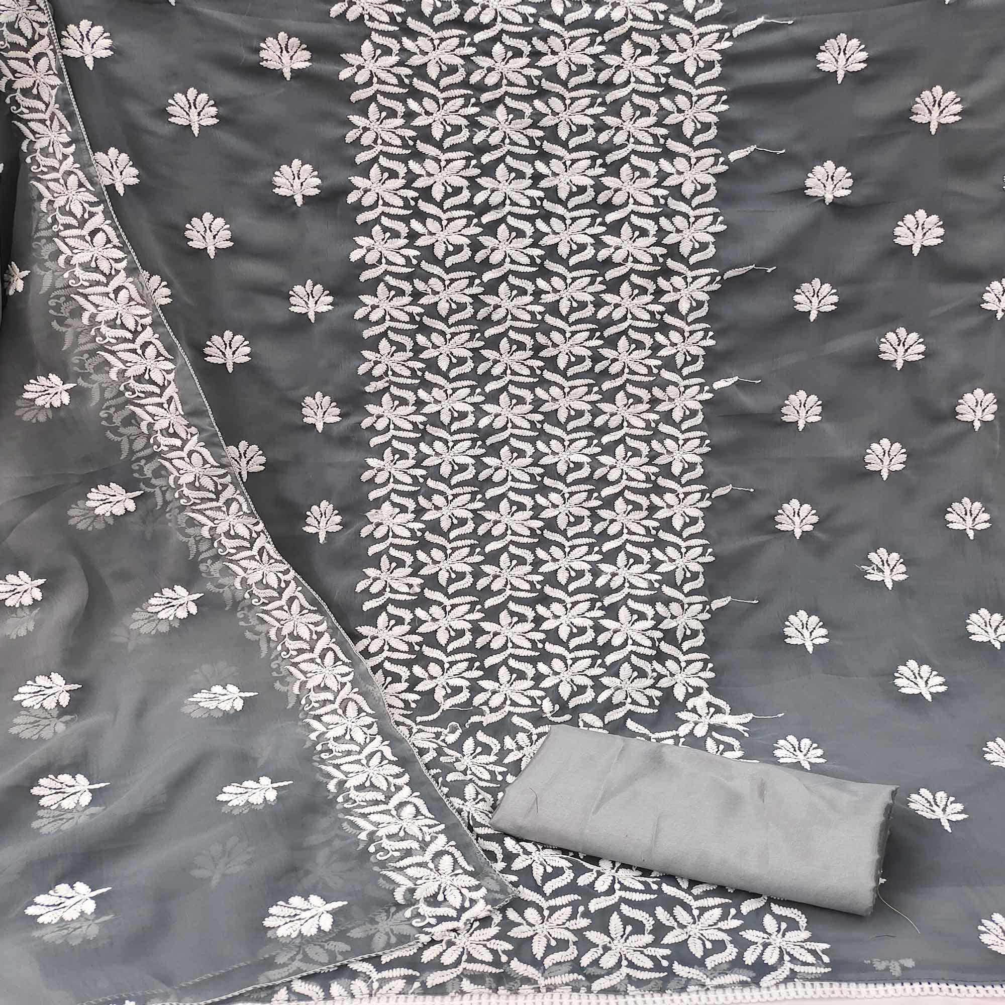 Grey Casual Wear Floral Embroidered Georgette Dress Material - Peachmode