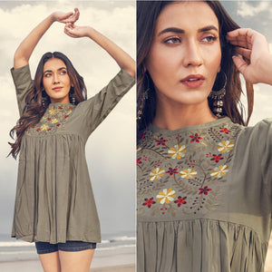 Grey Casual Wear Floral Embroidered Rayon Top - Peachmode
