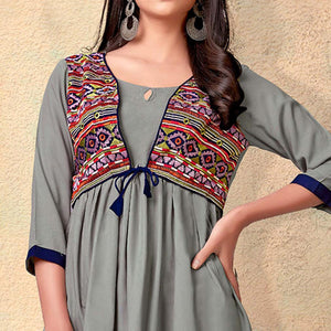 Grey Casual Wear Floral Embroidered Rayon Top - Peachmode