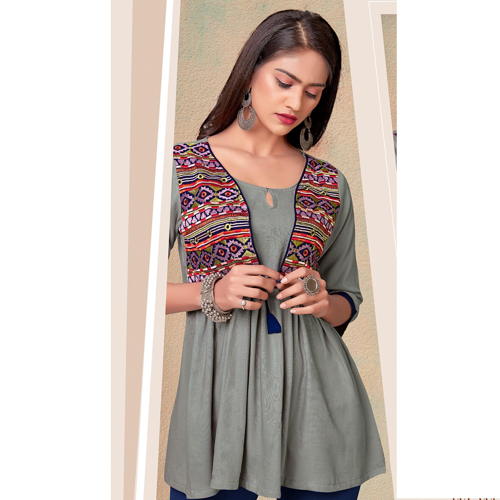 Grey Casual Wear Floral Embroidered Rayon Top - Peachmode