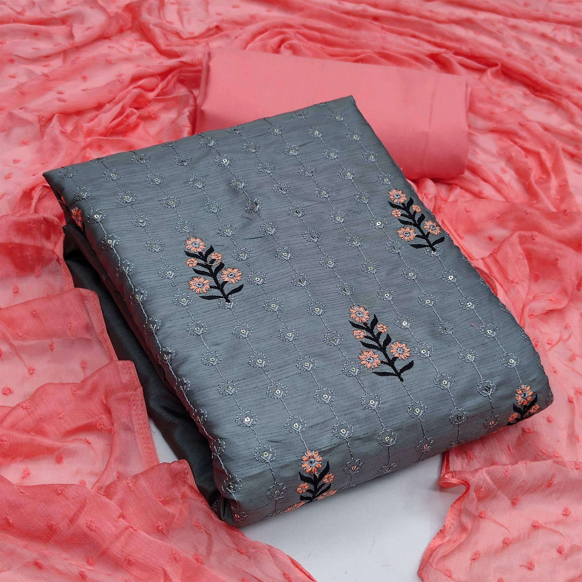 Grey Casual Wear Floral Embroidered Silk Dress Material - Peachmode