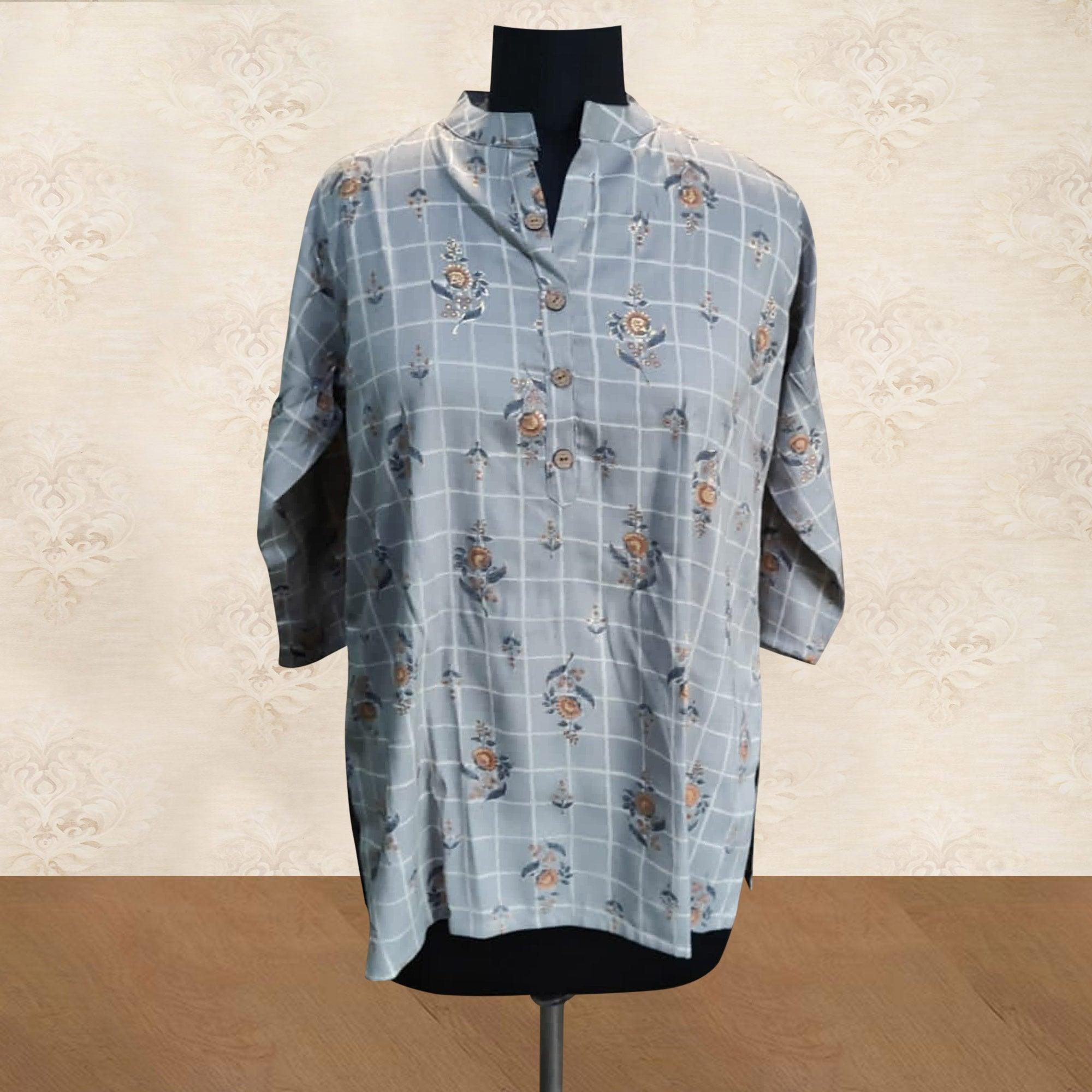 Grey Casual Wear Floral Foil Printed Rayon Top - Peachmode