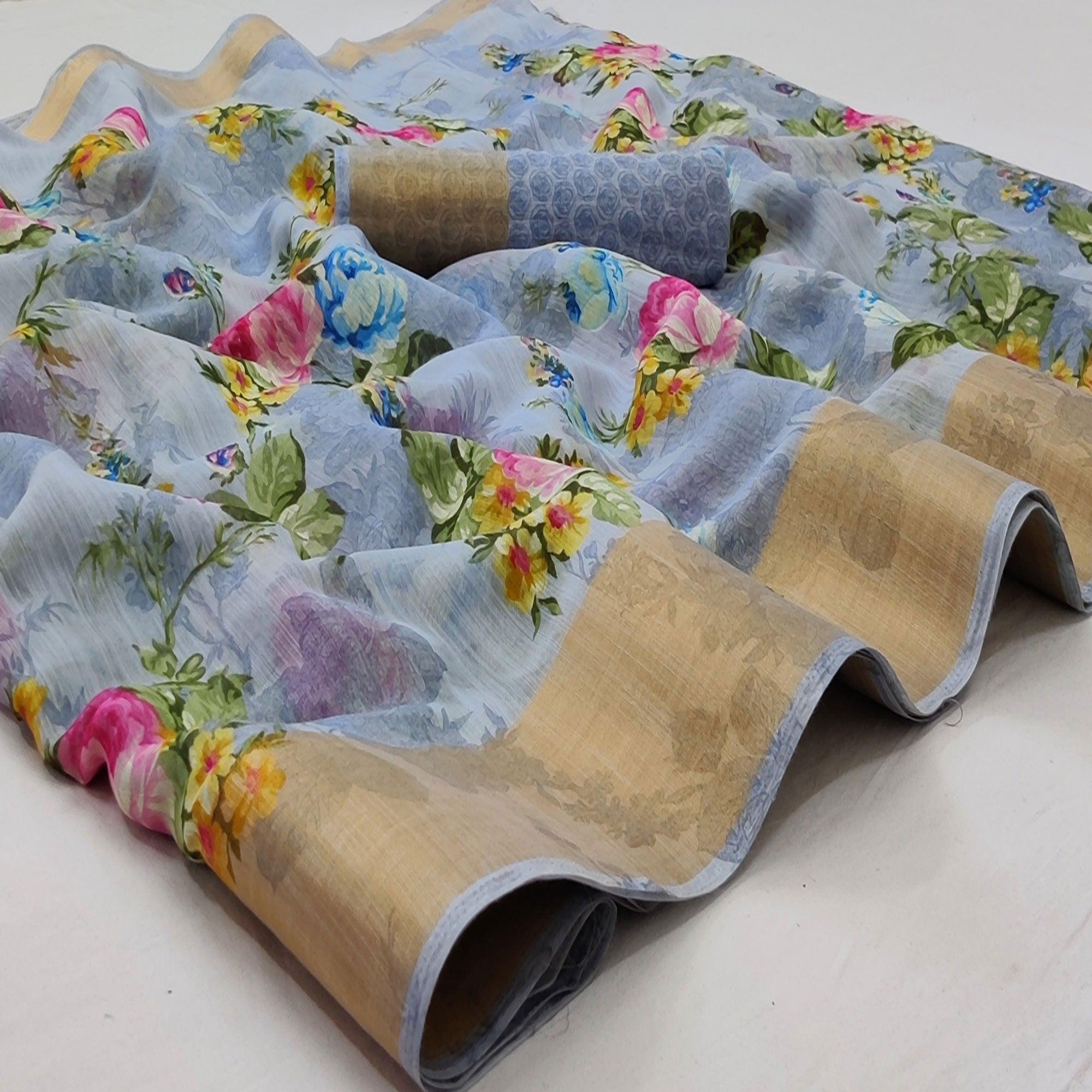 Grey Casual Wear Floral Mill Printed Cotton Saree With Zari Border - Peachmode