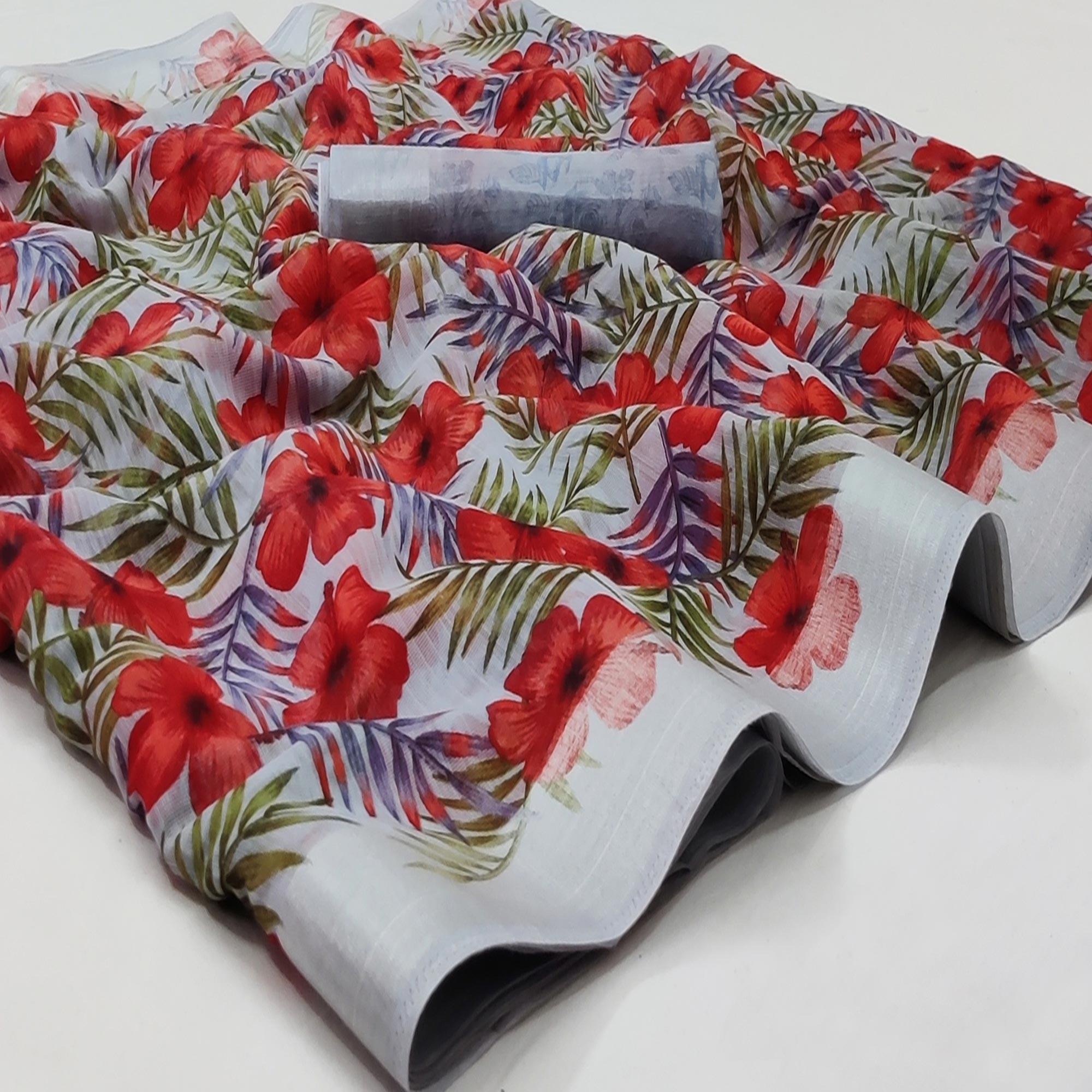 Grey Casual Wear Floral Mill Printed Cotton Saree With Zari Border - Peachmode