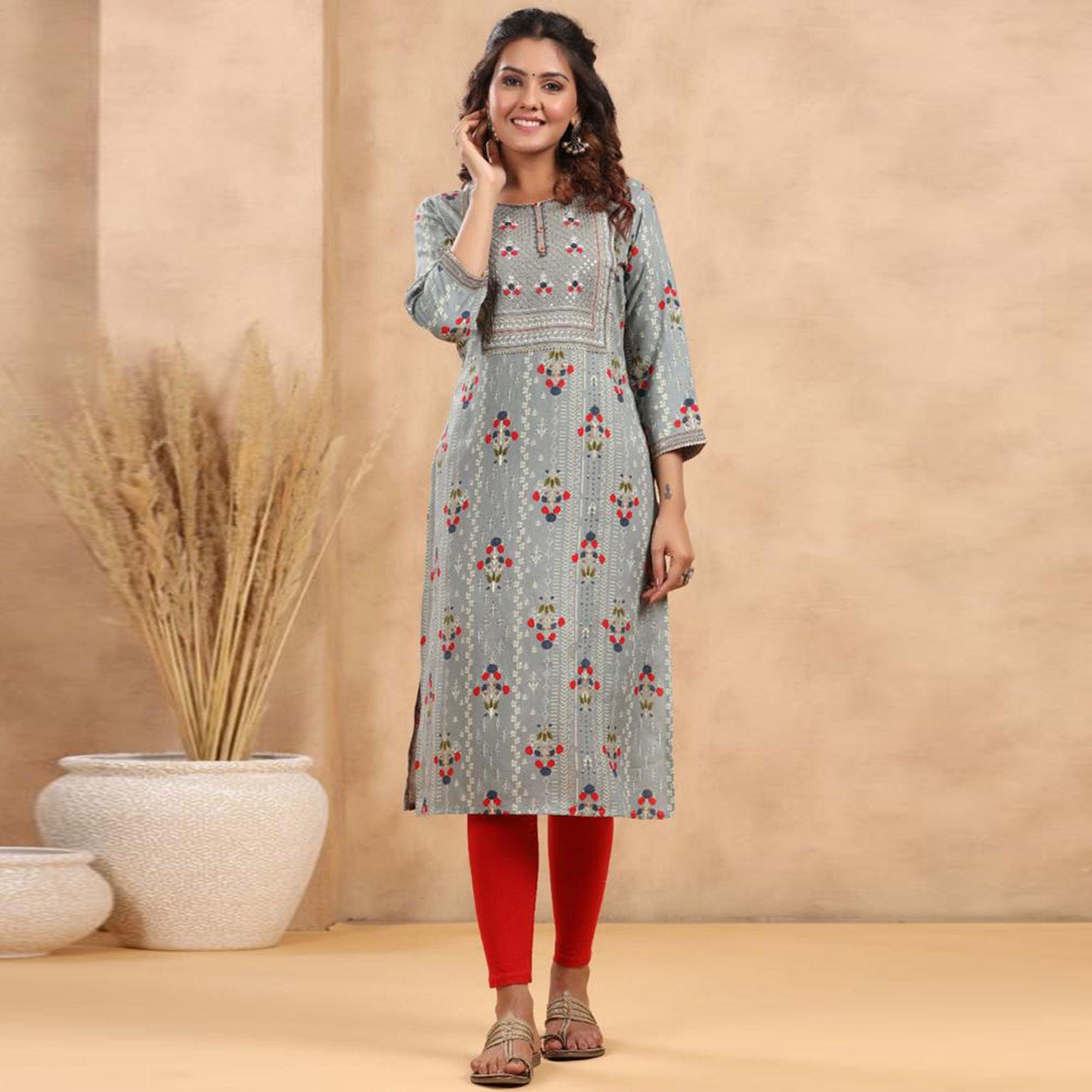 Grey Casual Wear Floral Print With Sequence Rayon Kurti - Peachmode