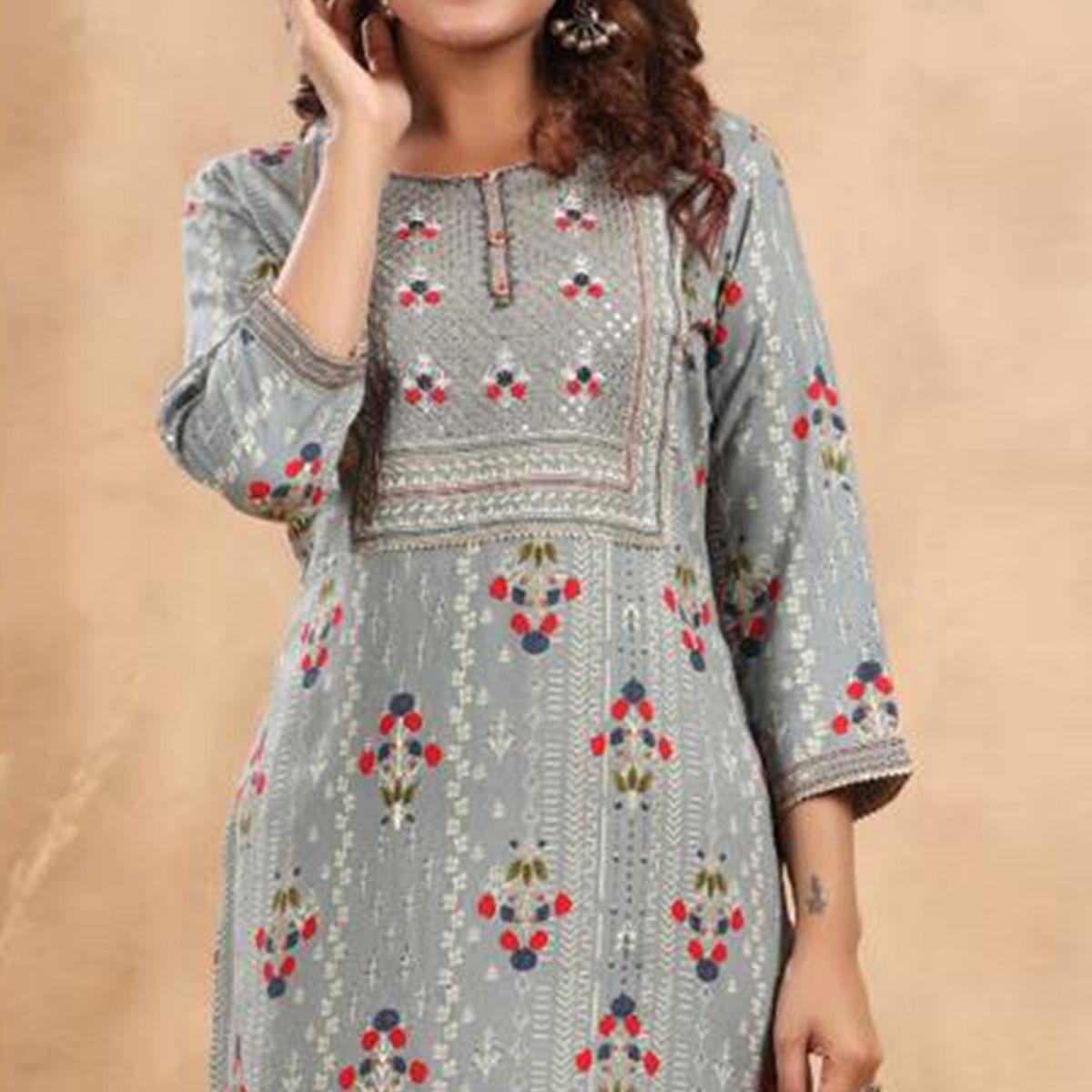 Grey Casual Wear Floral Print With Sequence Rayon Kurti - Peachmode