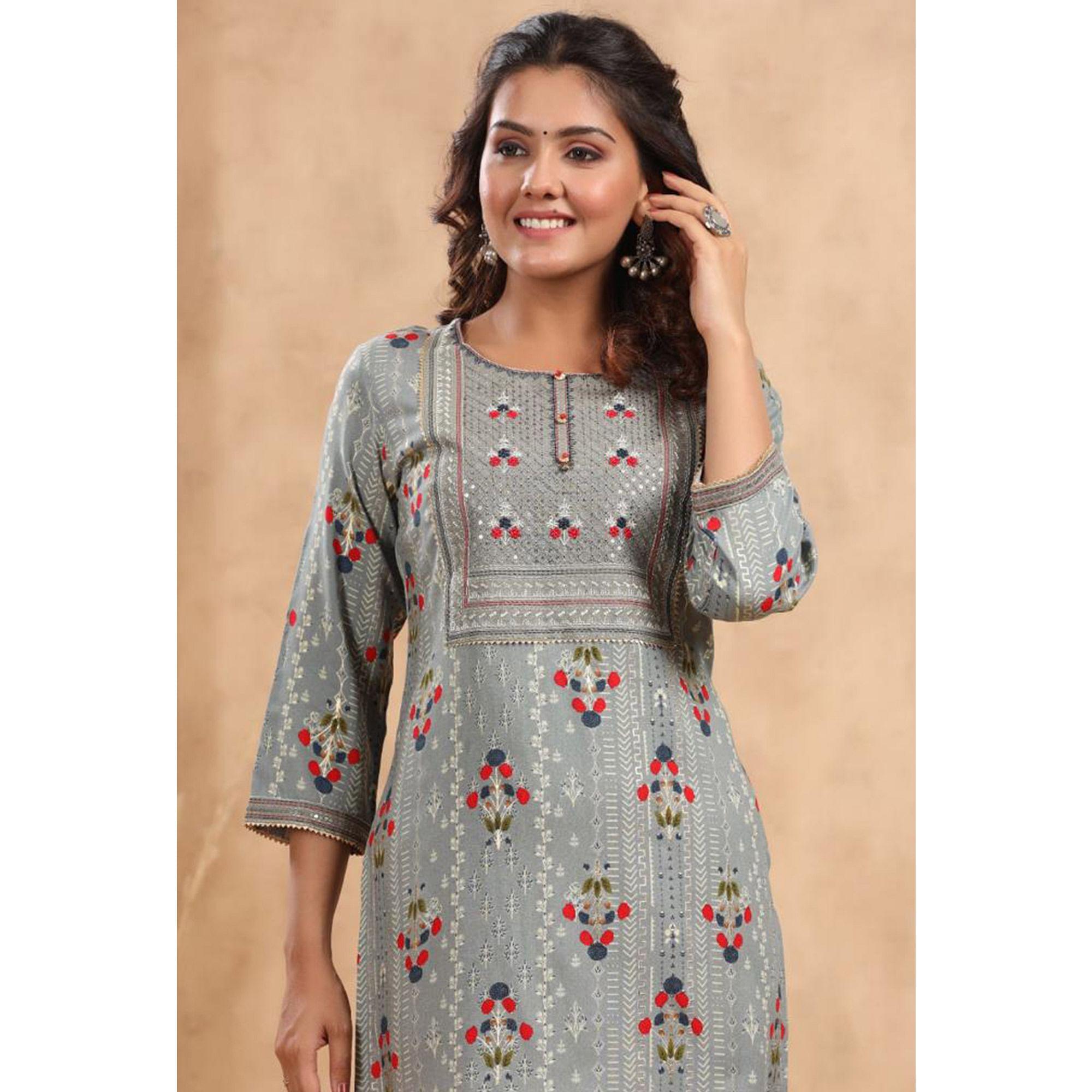 Grey Casual Wear Floral Print With Sequence Rayon Kurti - Peachmode
